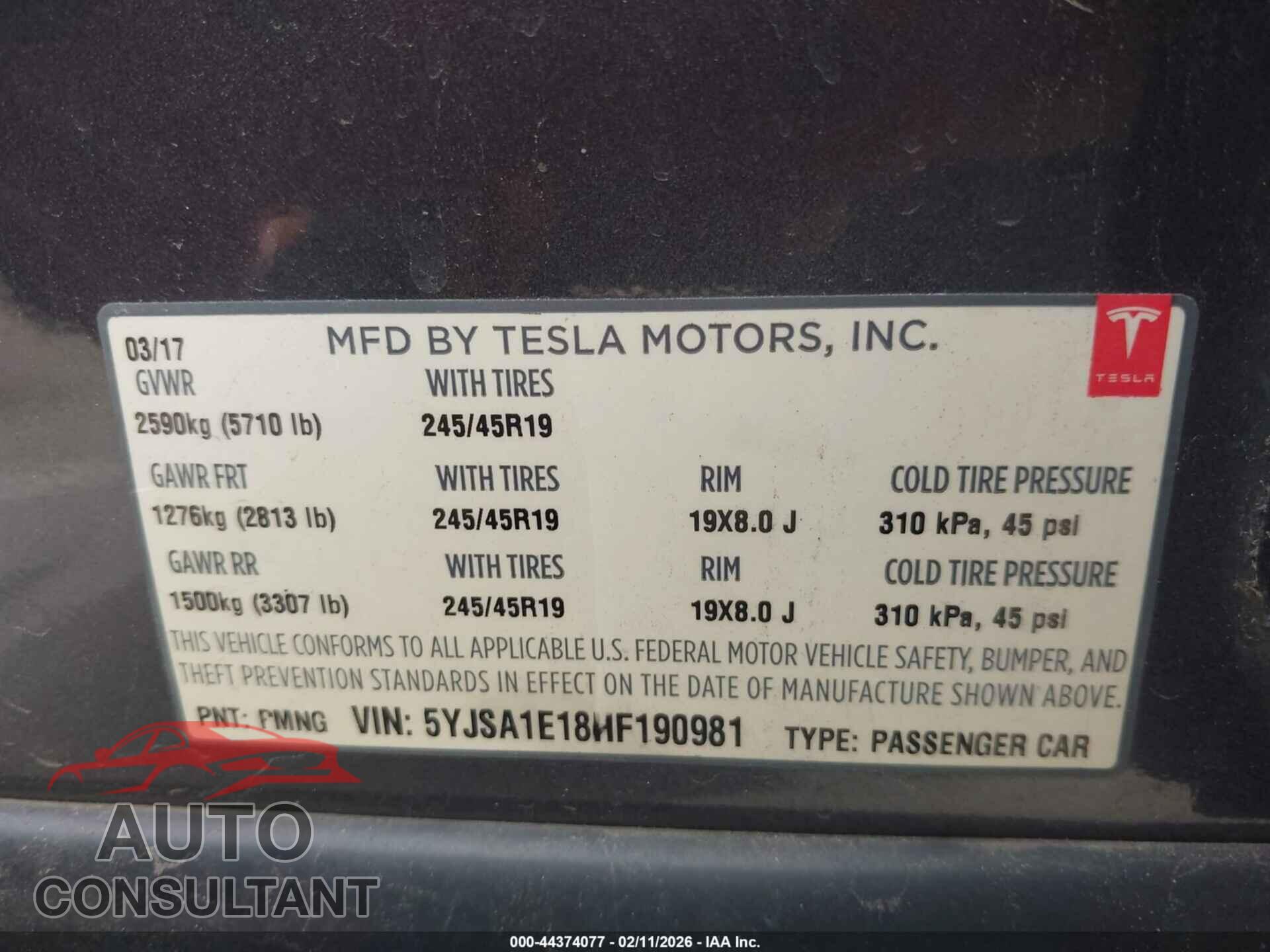 TESLA MODEL S 2017 - 5YJSA1E18HF190981