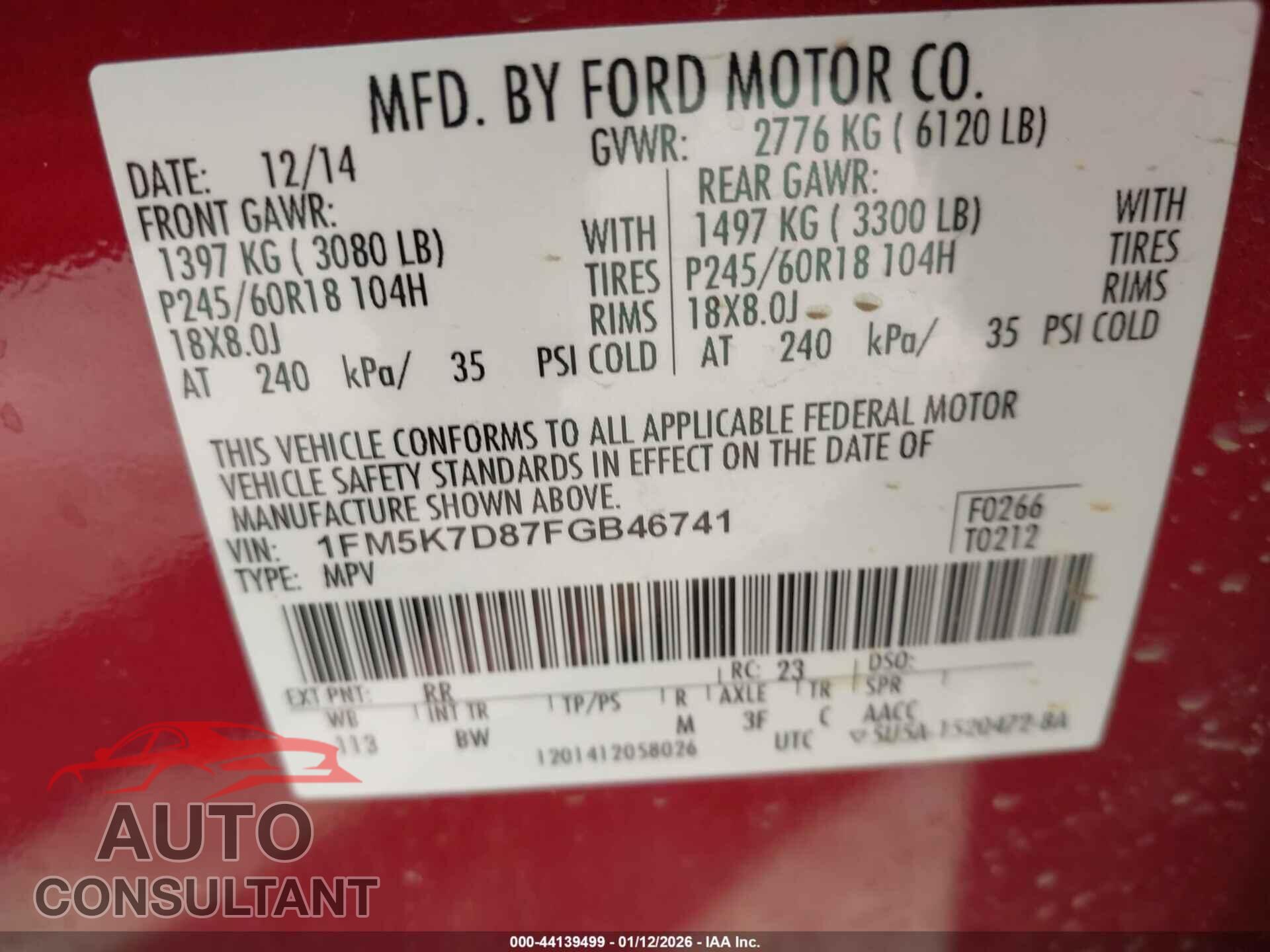 FORD EXPLORER 2015 - 1FM5K7D87FGB46741