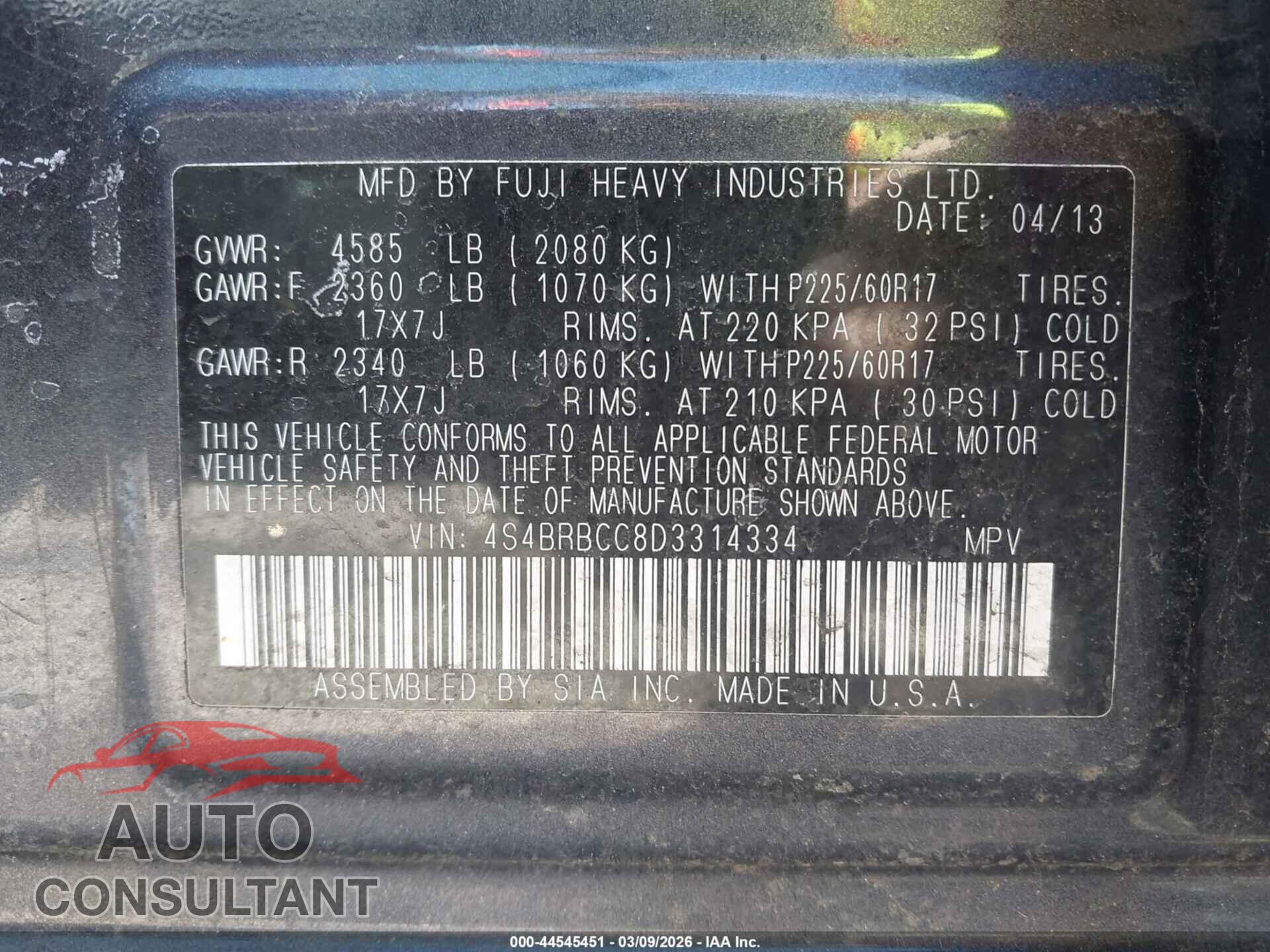 SUBARU OUTBACK 2013 - 4S4BRBCC8D3314334