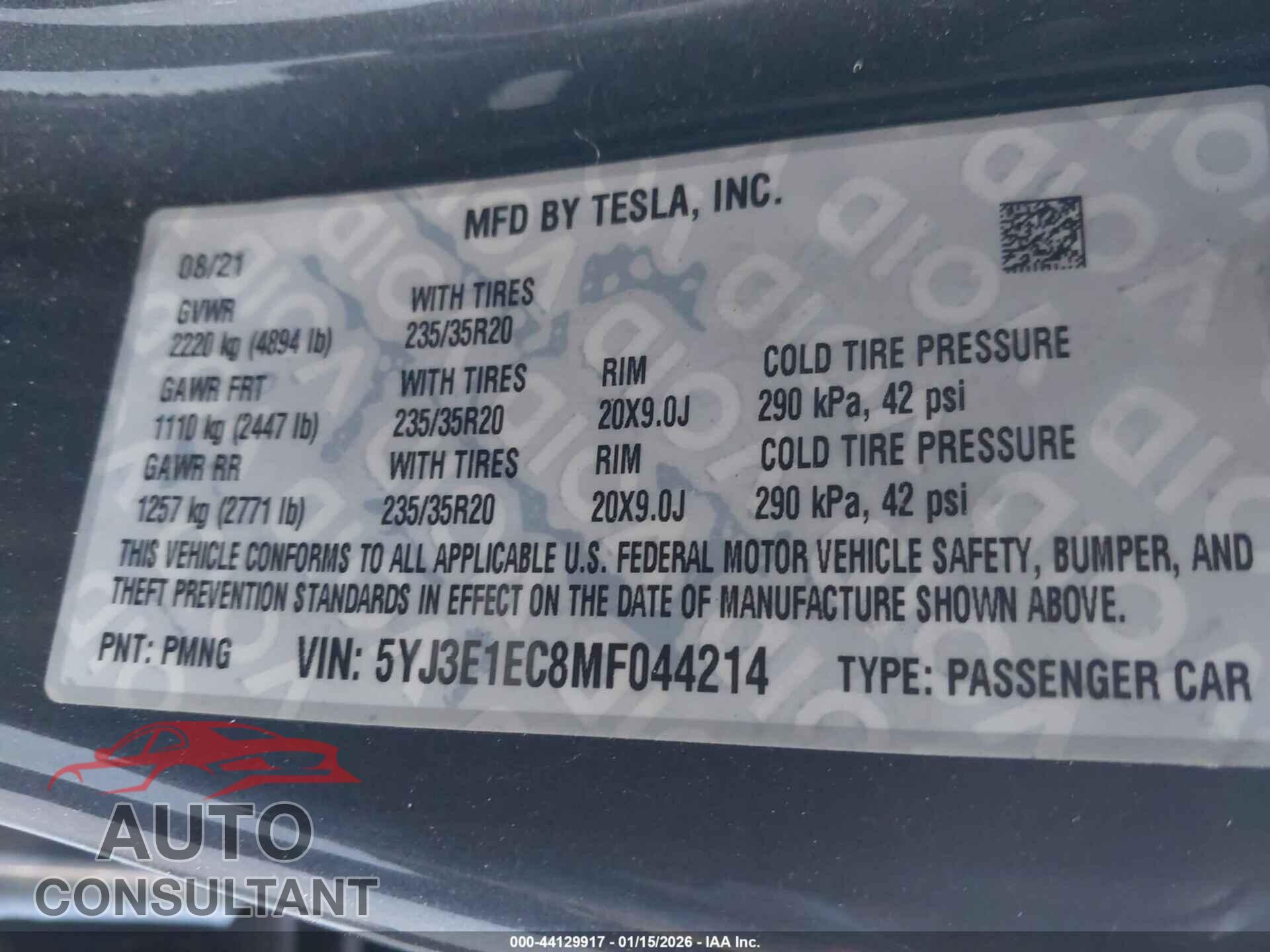 TESLA MODEL 3 2021 - 5YJ3E1EC8MF044214