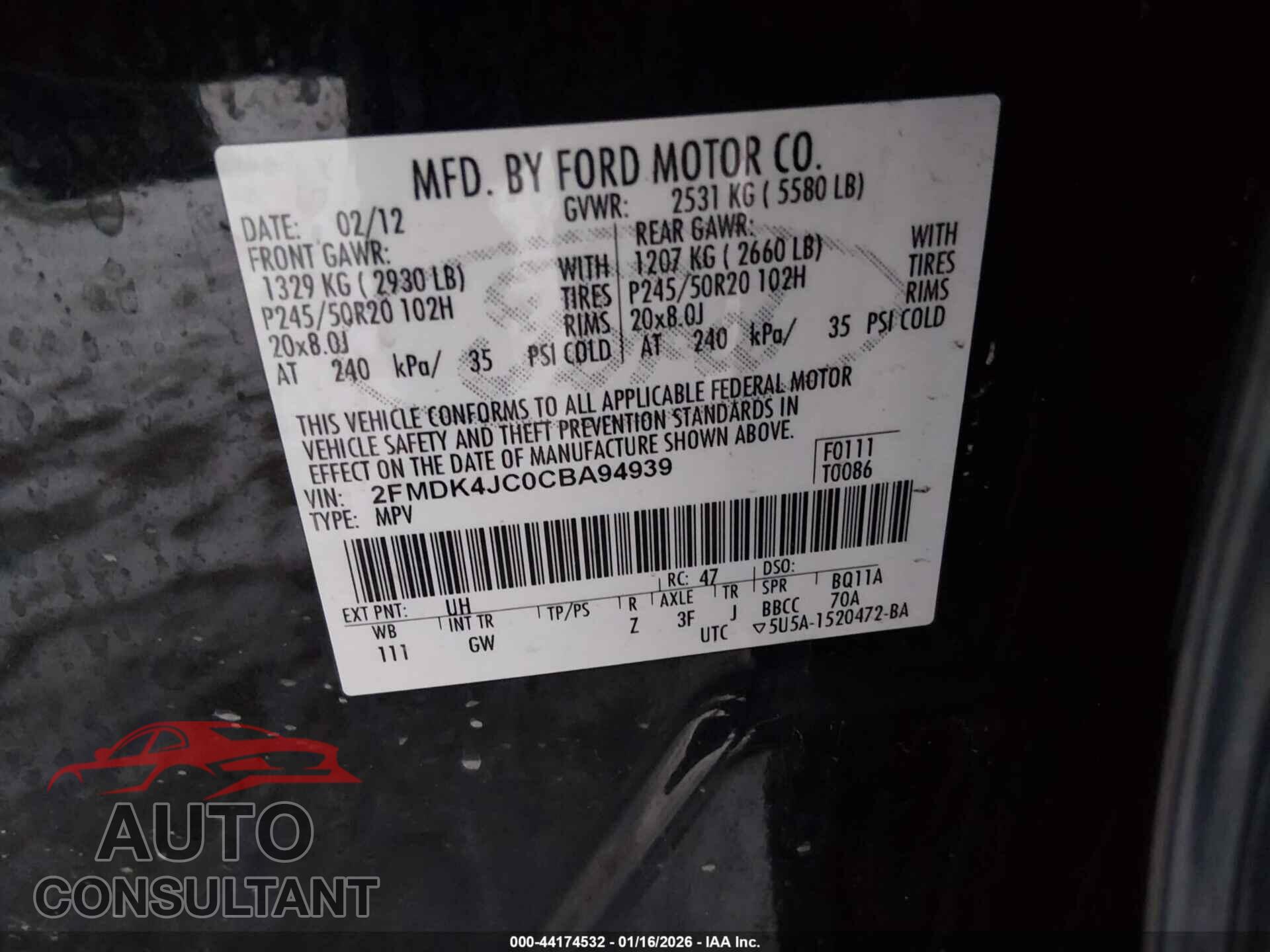 FORD EDGE 2012 - 2FMDK4JC0CBA94939