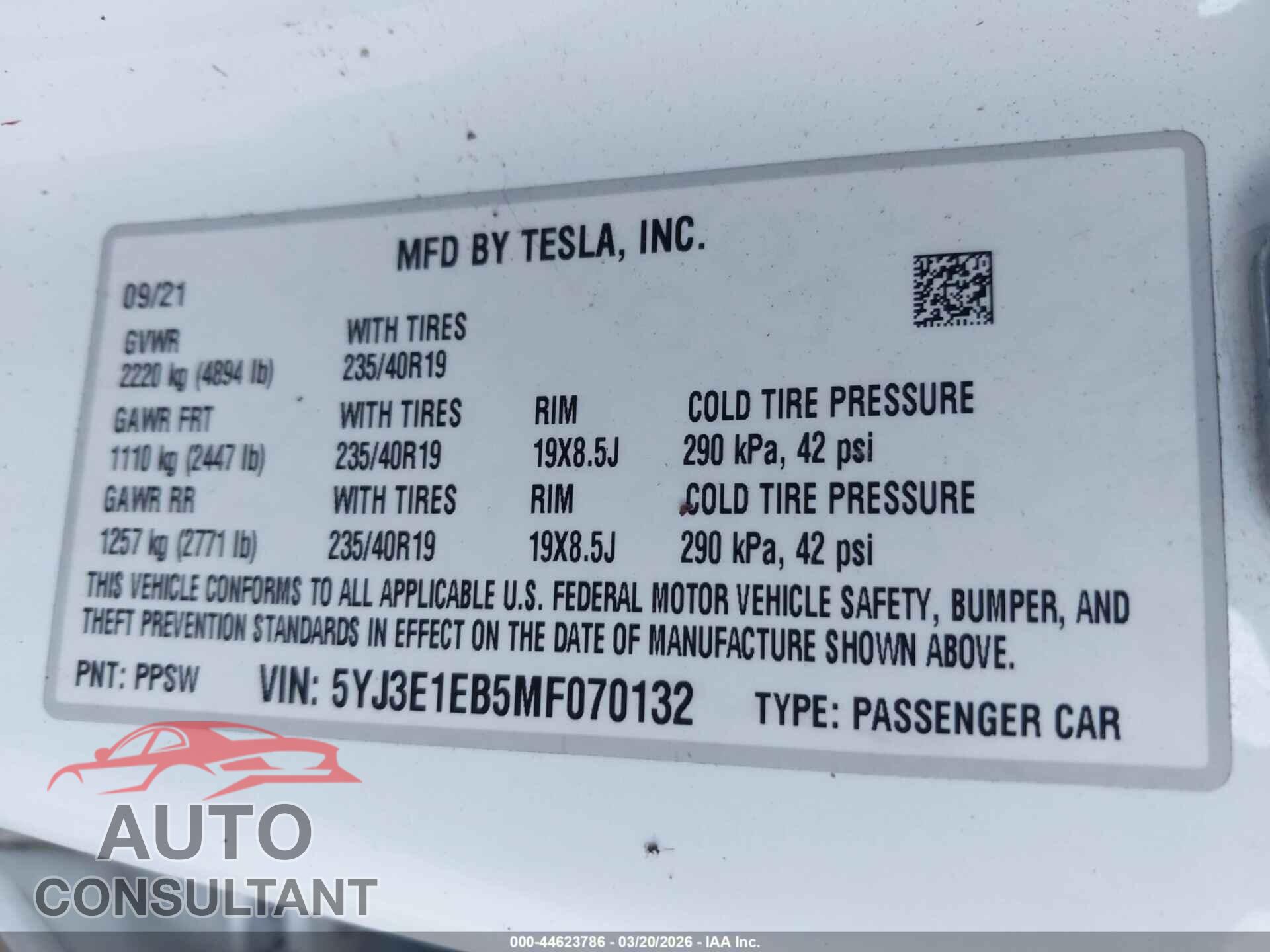 TESLA MODEL 3 2021 - 5YJ3E1EB5MF070132