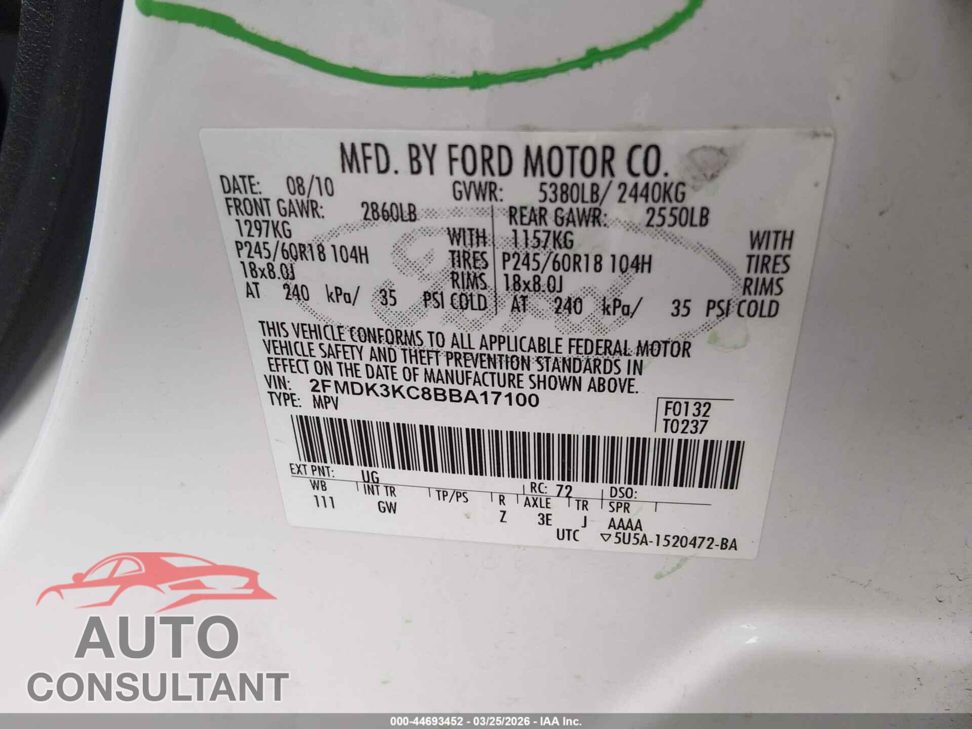 FORD EDGE 2011 - 2FMDK3KC8BBA17100