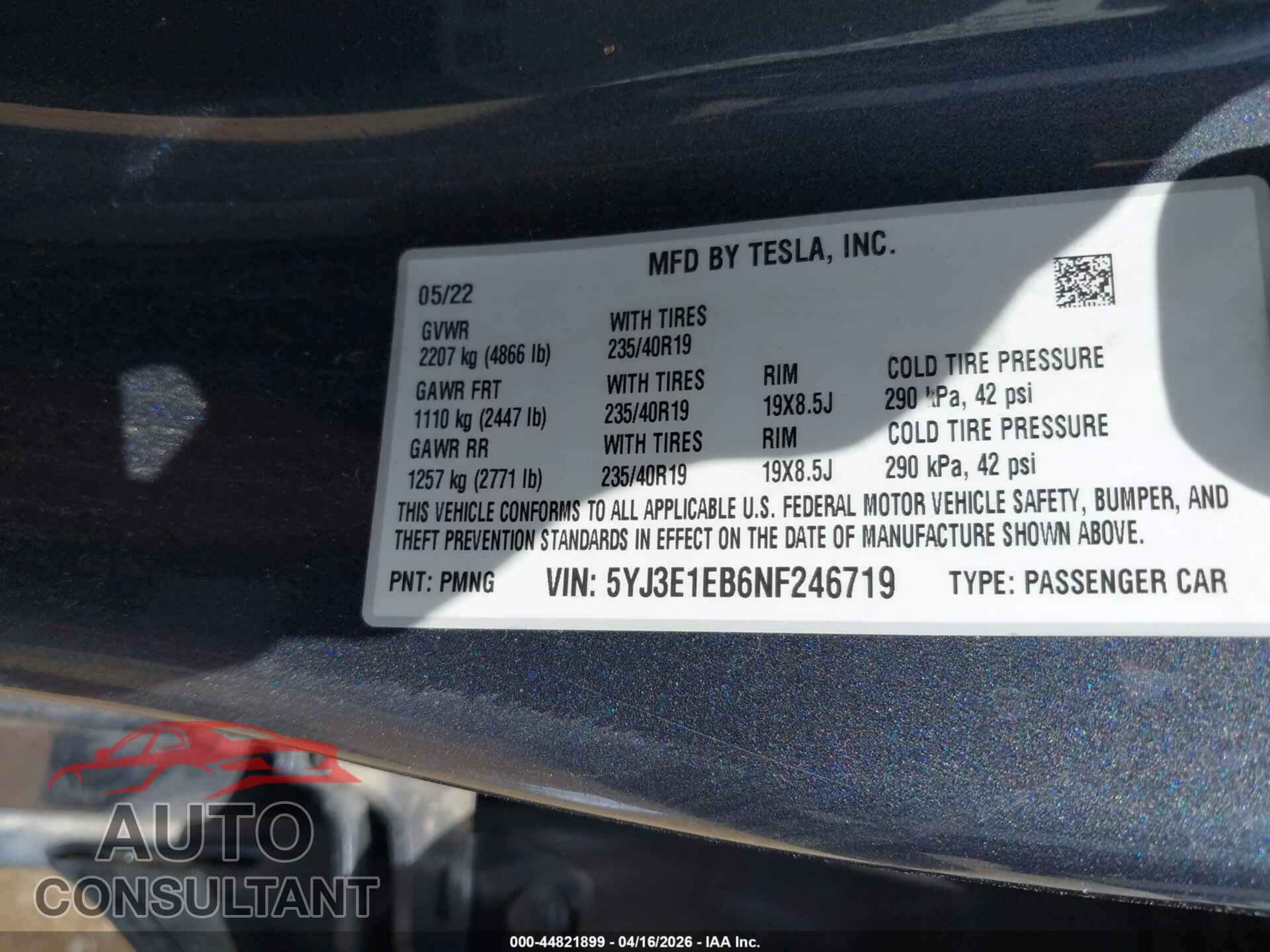 TESLA MODEL 3 2022 - 5YJ3E1EB6NF246719