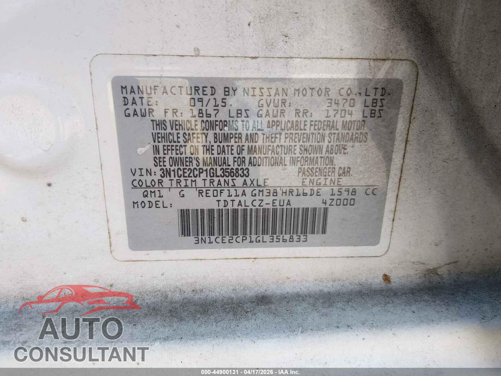 NISSAN VERSA NOTE 2016 - 3N1CE2CP1GL356833