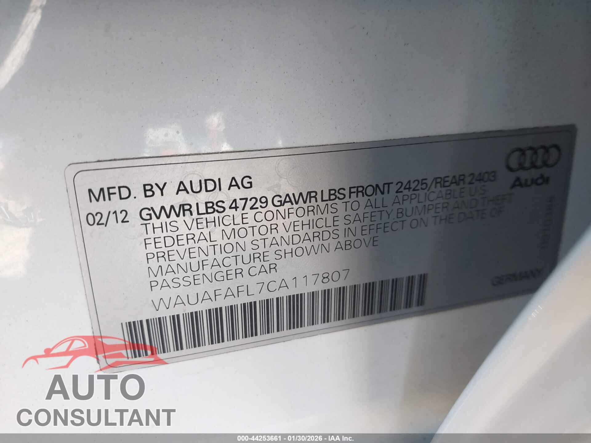 AUDI A4 2012 - WAUAFAFL7CA117807