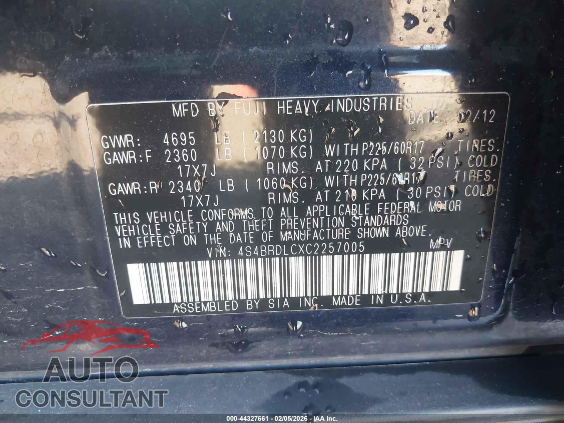 SUBARU OUTBACK 2012 - 4S4BRDLCXC2257005