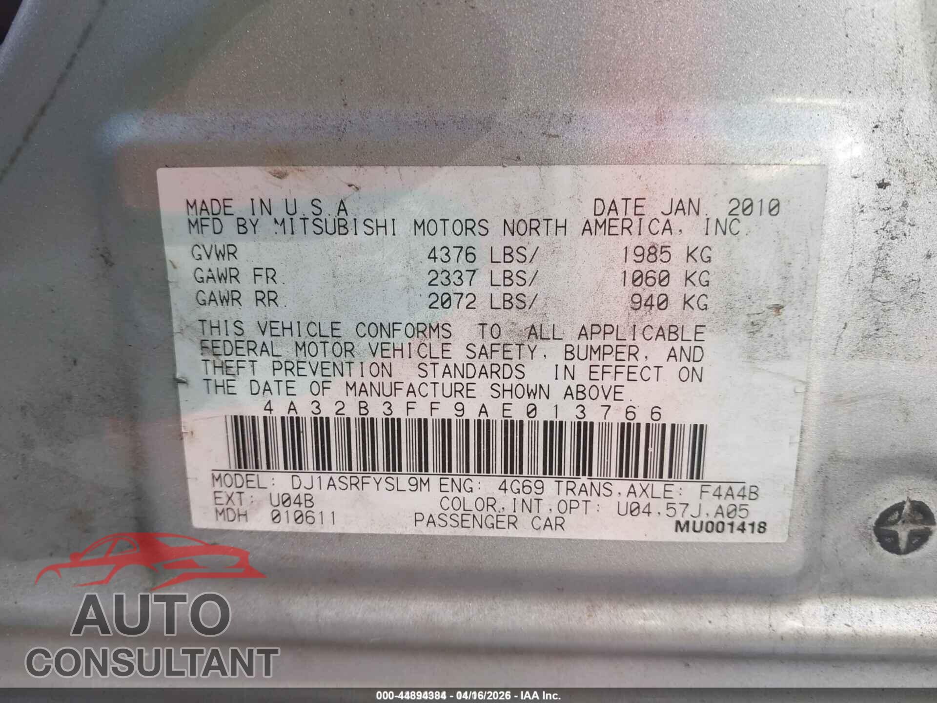 MITSUBISHI GALANT 2010 - 4A32B3FF9AE013766
