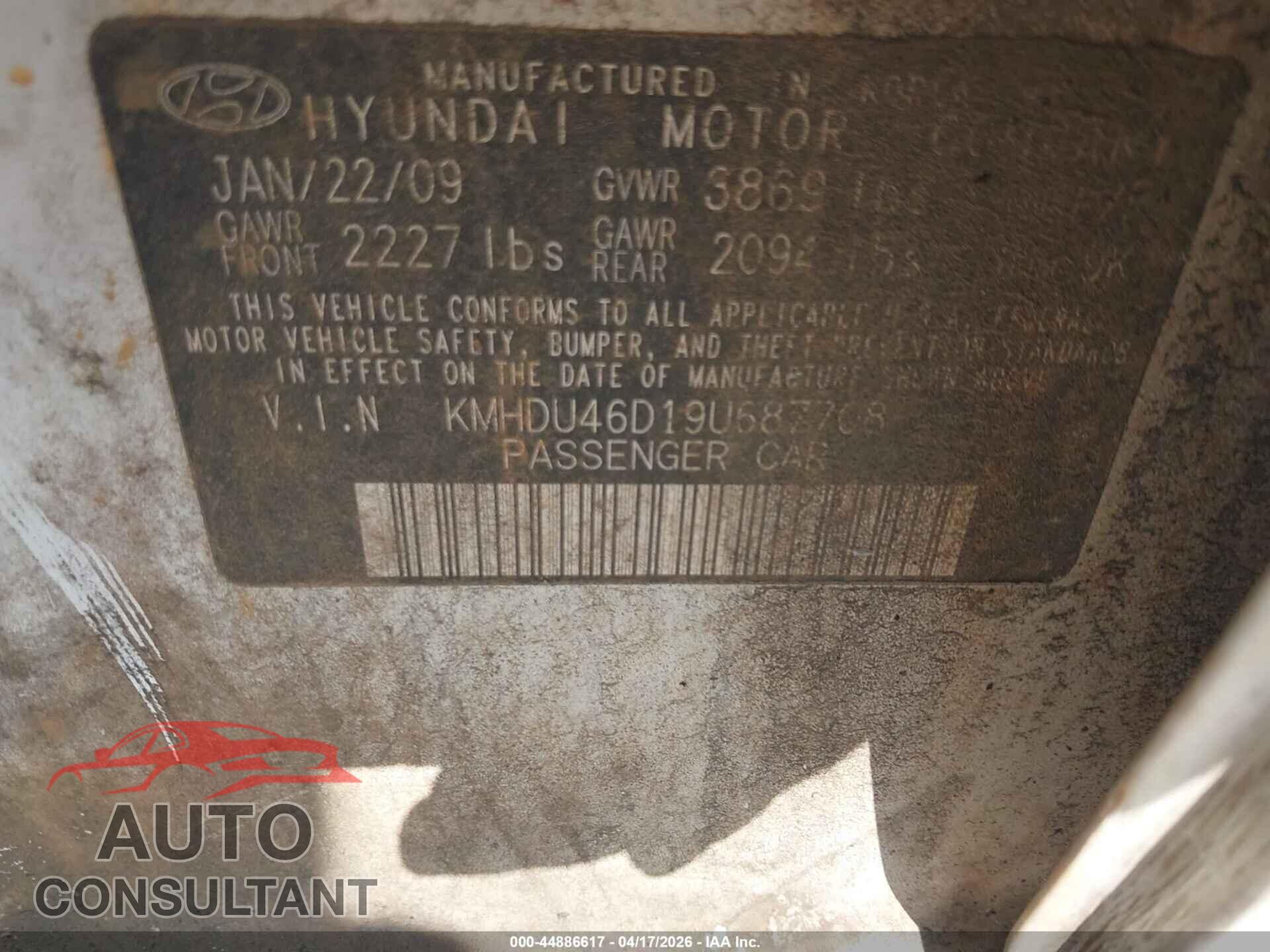 HYUNDAI ELANTRA 2009 - KMHDU46D19U687708