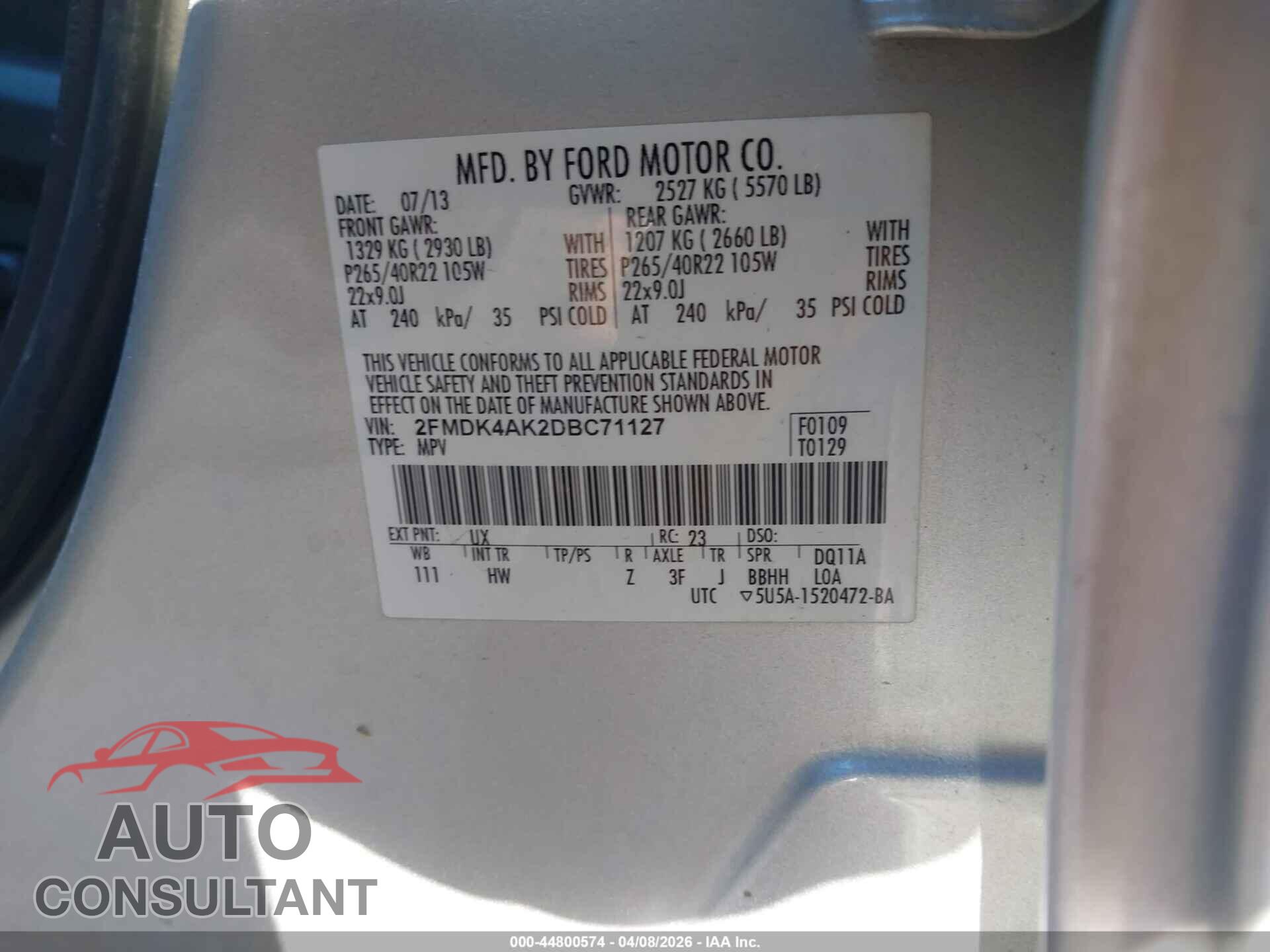 FORD EDGE 2013 - 2FMDK4AK2DBC71127