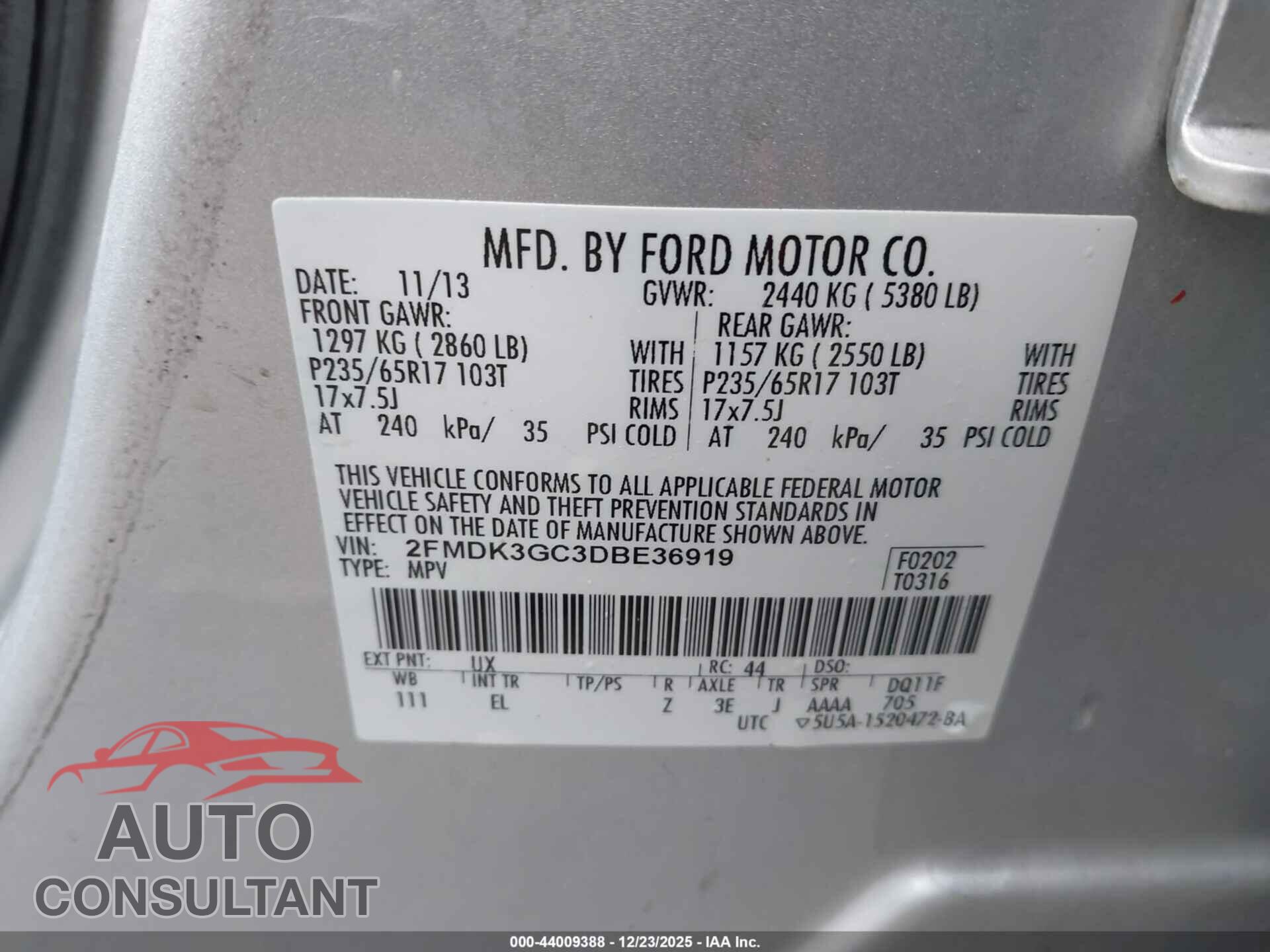 FORD EDGE 2013 - 2FMDK3GC3DBE36919