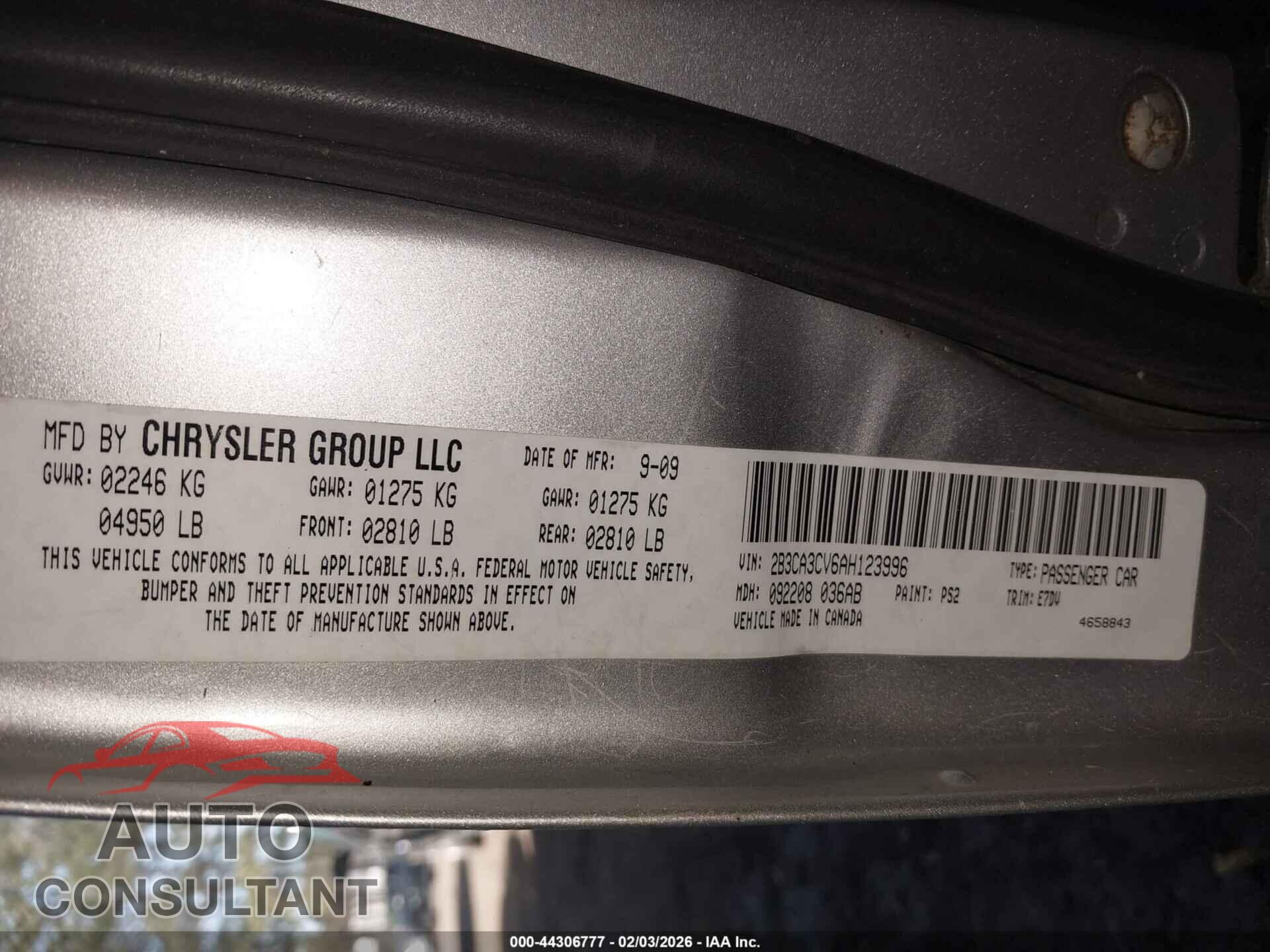 DODGE CHARGER 2010 - 2B3CA3CV6AH123996