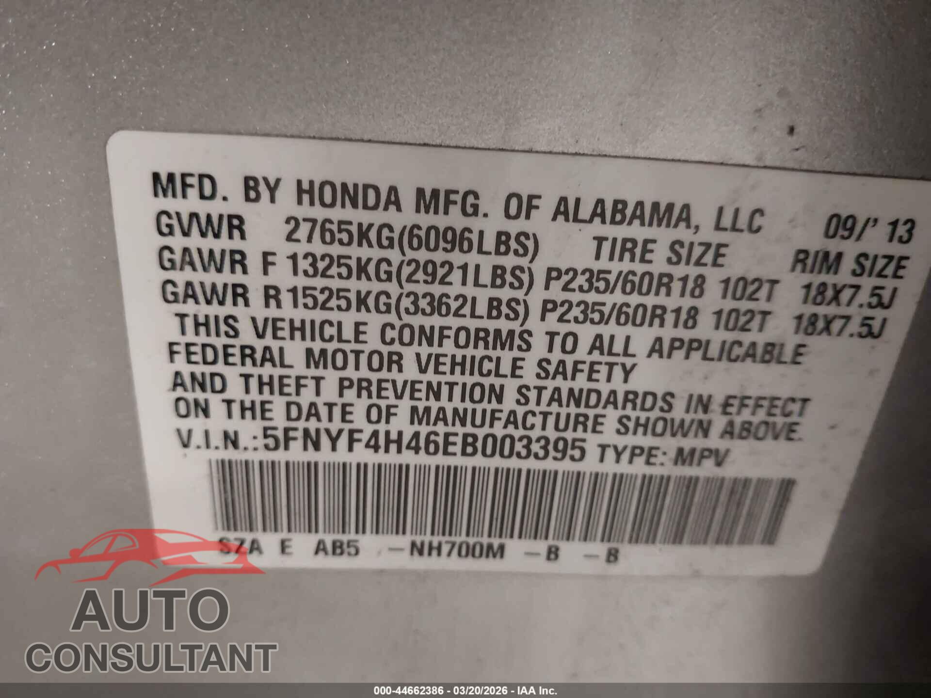 HONDA PILOT 2014 - 5FNYF4H46EB003395