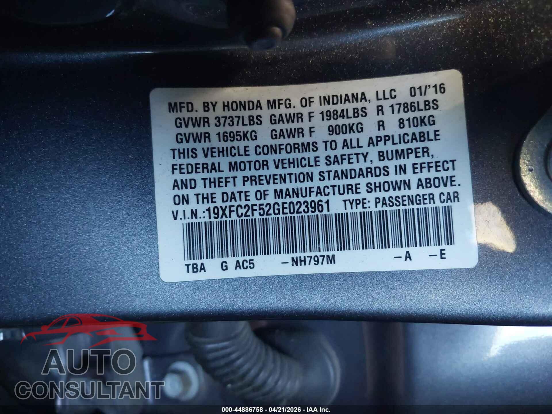 HONDA CIVIC 2016 - 19XFC2F52GE023961
