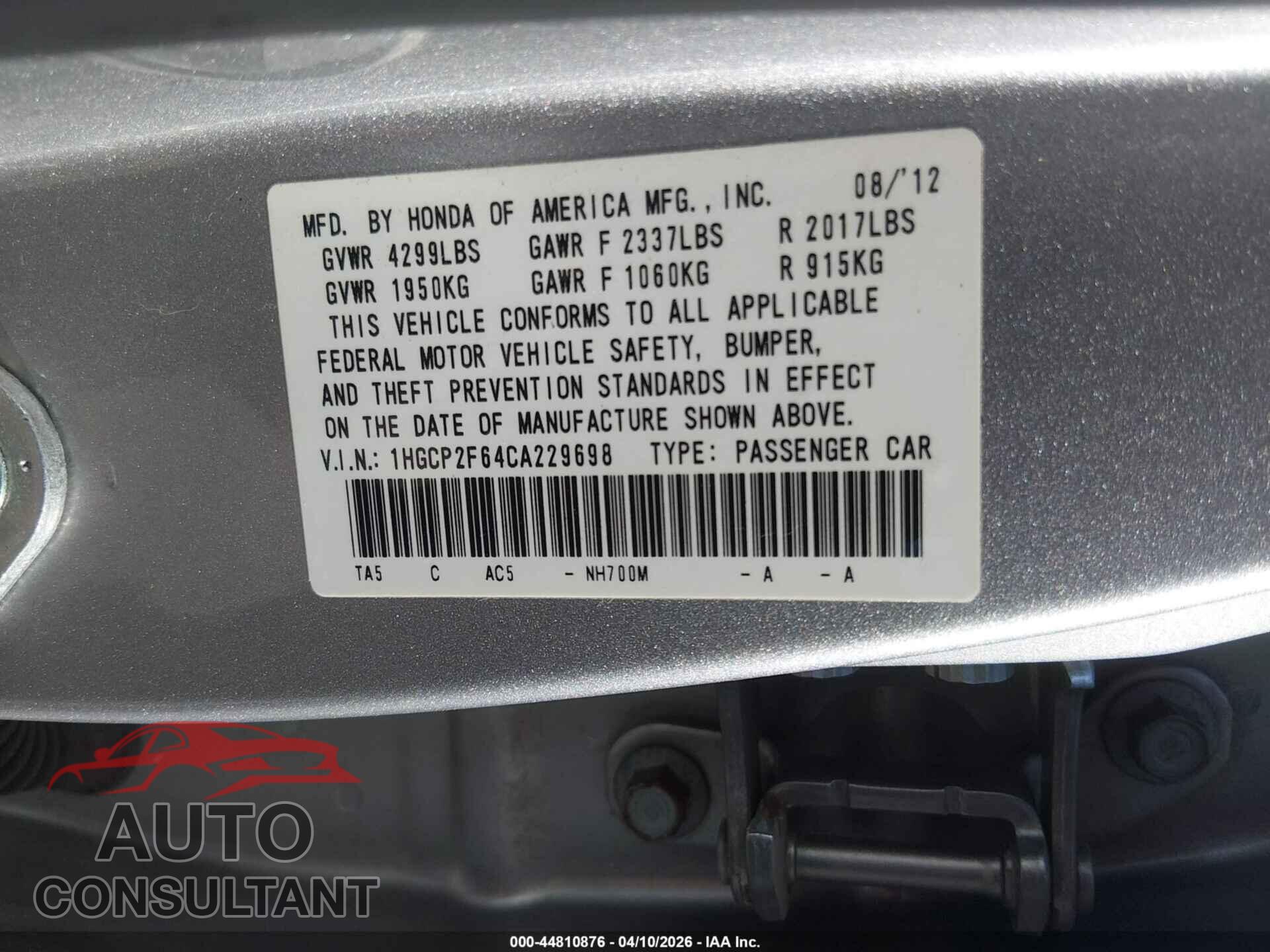 HONDA ACCORD 2012 - 1HGCP2F64CA229698
