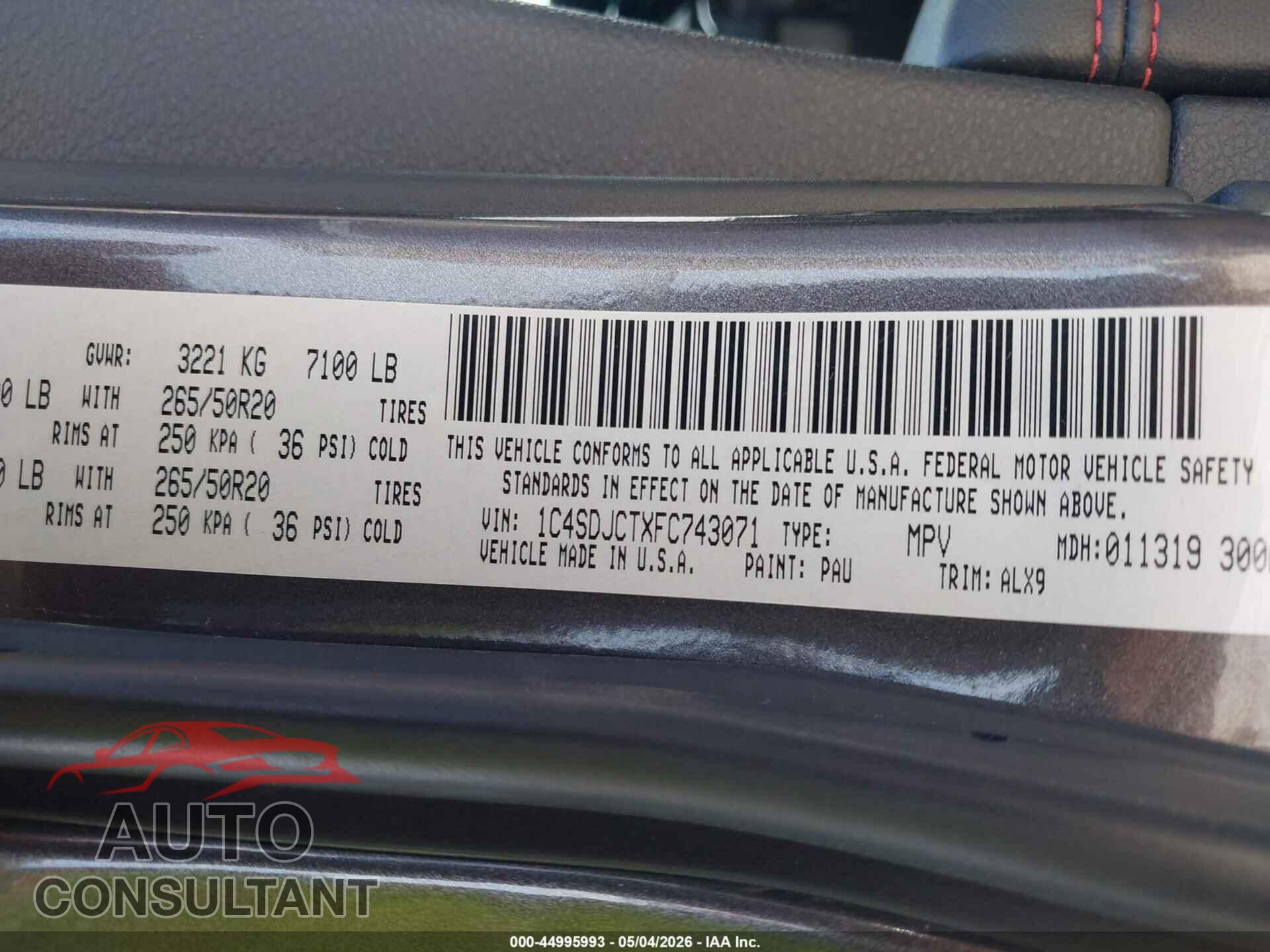 DODGE DURANGO 2015 - 1C4SDJCTXFC743071