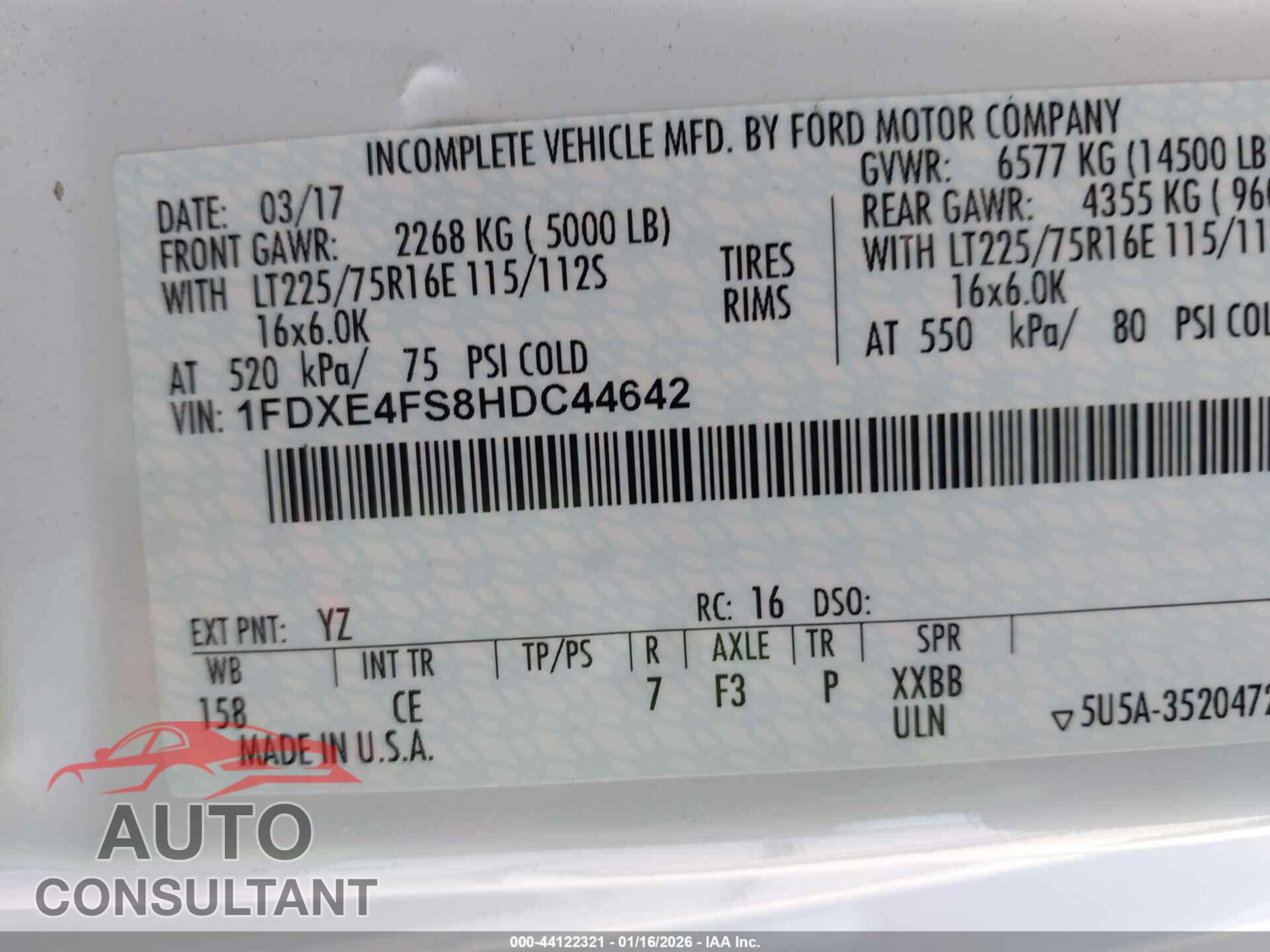 FORD E-450 CUTAWAY 2017 - 1FDXE4FS8HDC44642