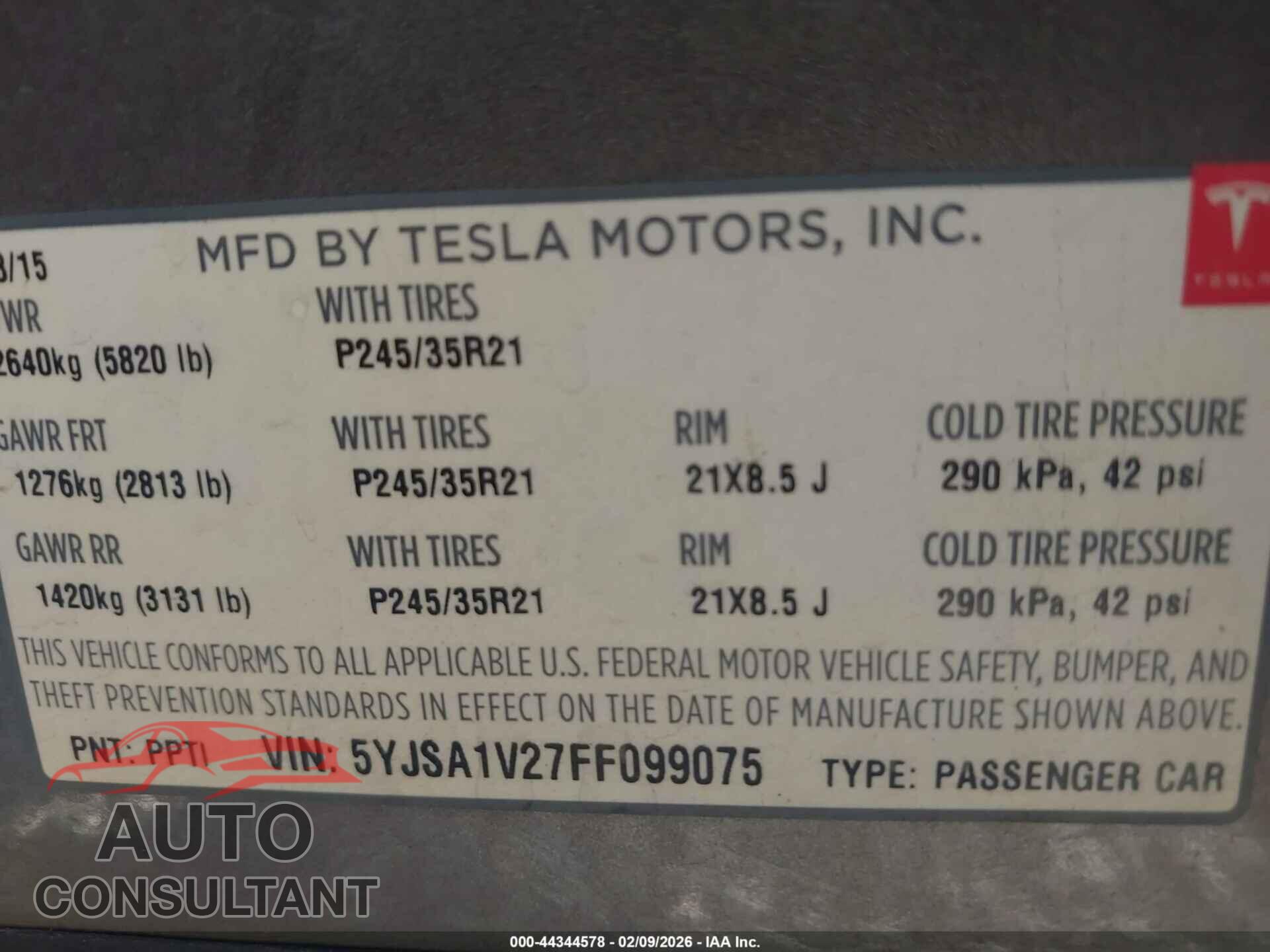 TESLA MODEL S 2015 - 5YJSA1V27FF099075