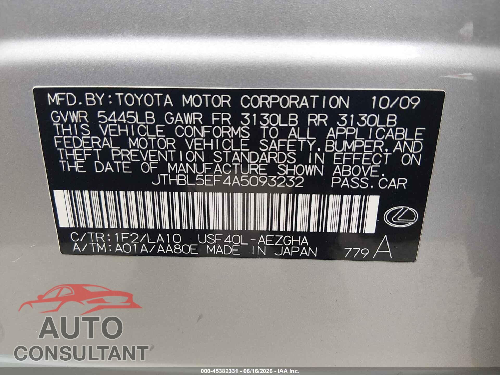 LEXUS LS 460 2010 - JTHBL5EF4A5093232
