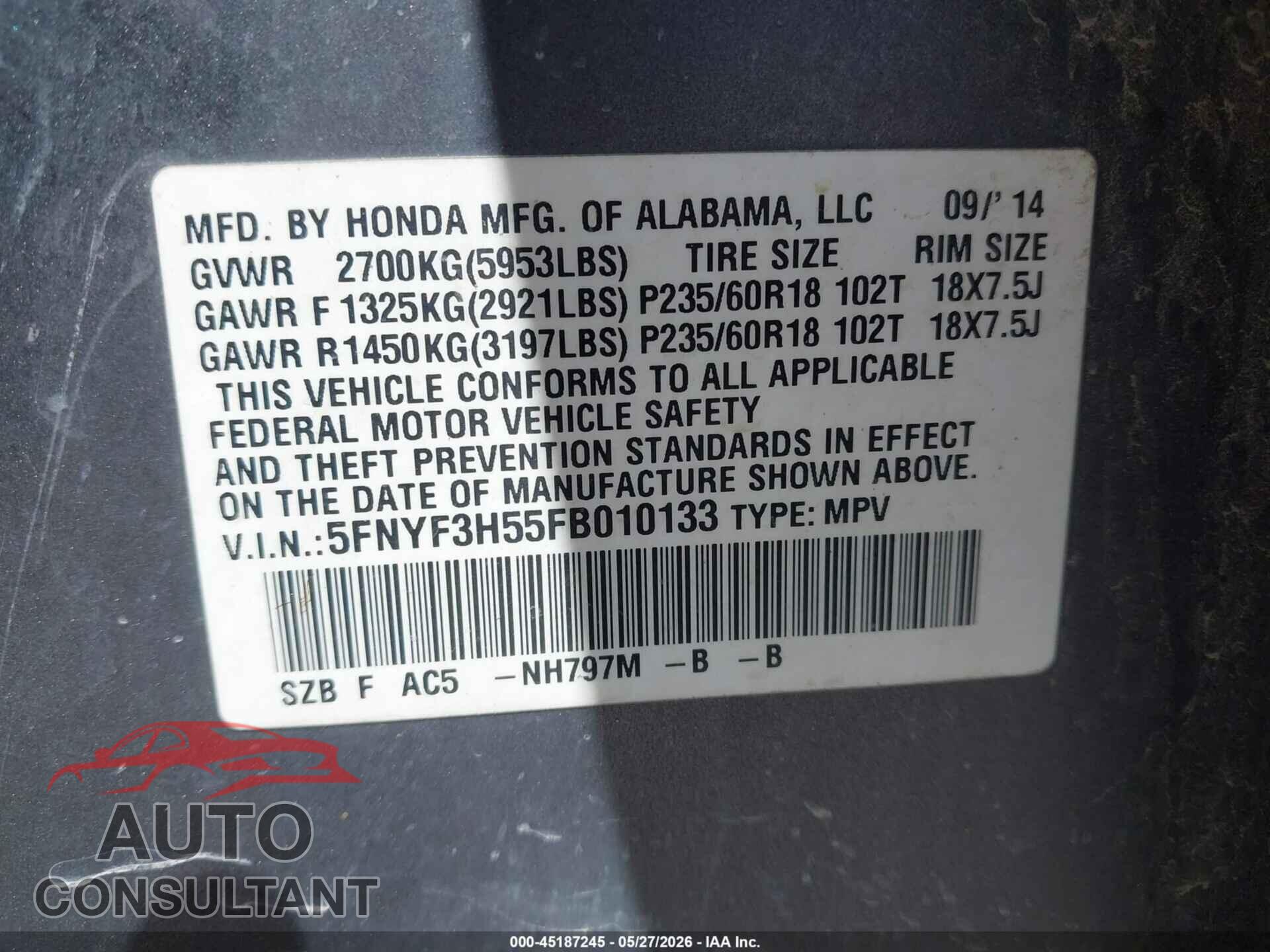 HONDA PILOT 2015 - 5FNYF3H55FB010133
