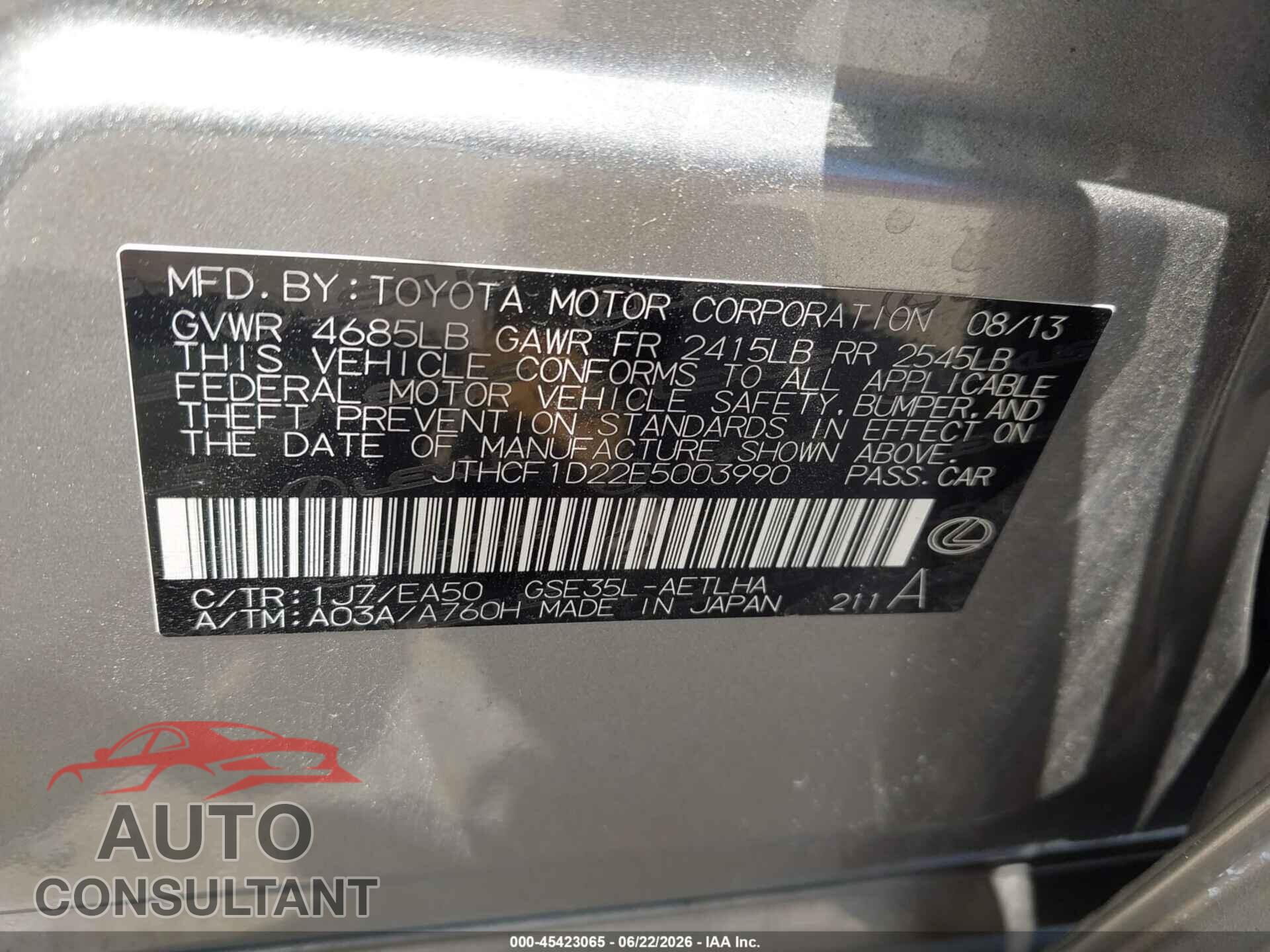 LEXUS IS 250 2014 - JTHCF1D22E5003990