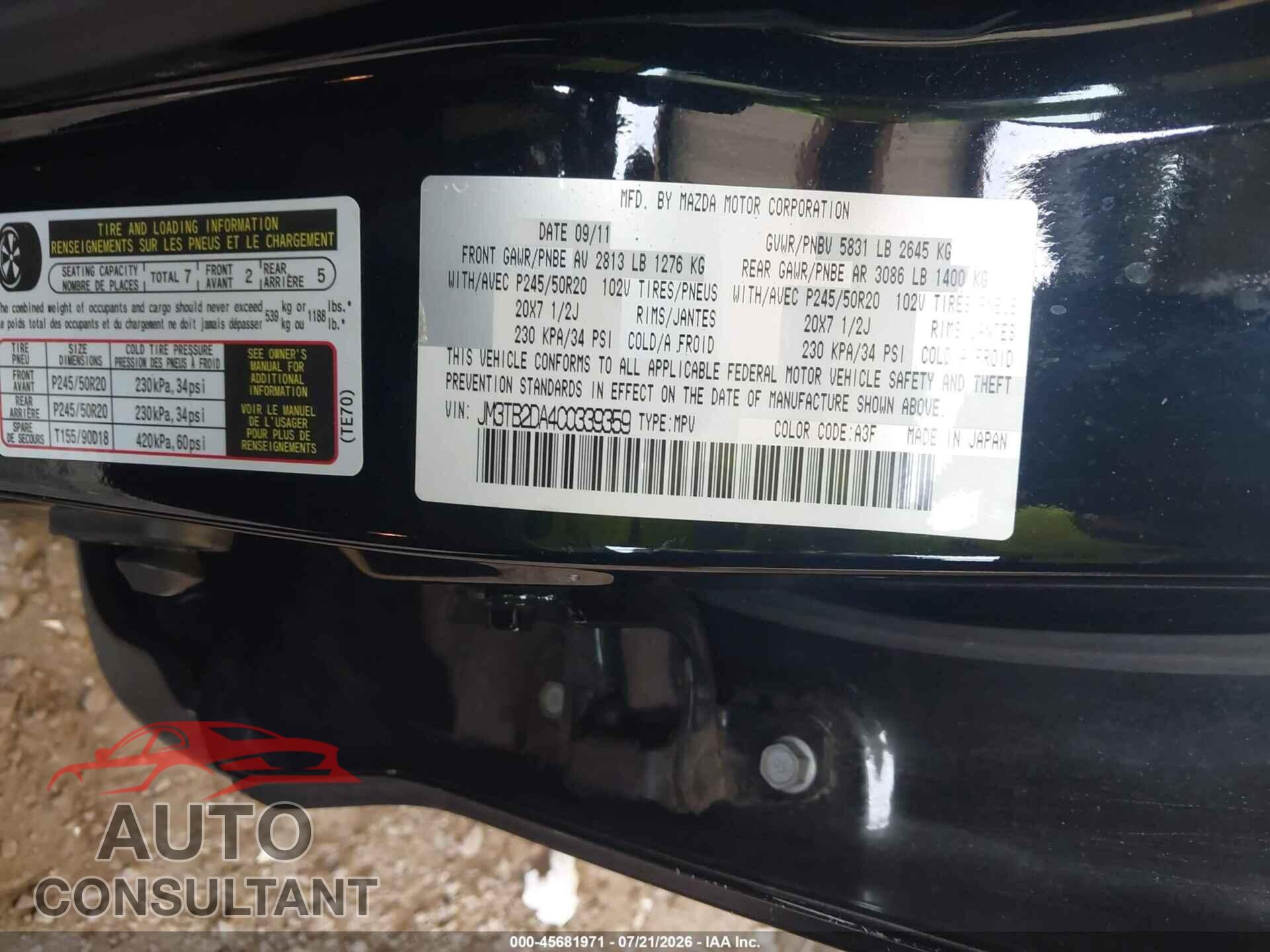 MAZDA CX-9 2012 - JM3TB2DA4C0339359