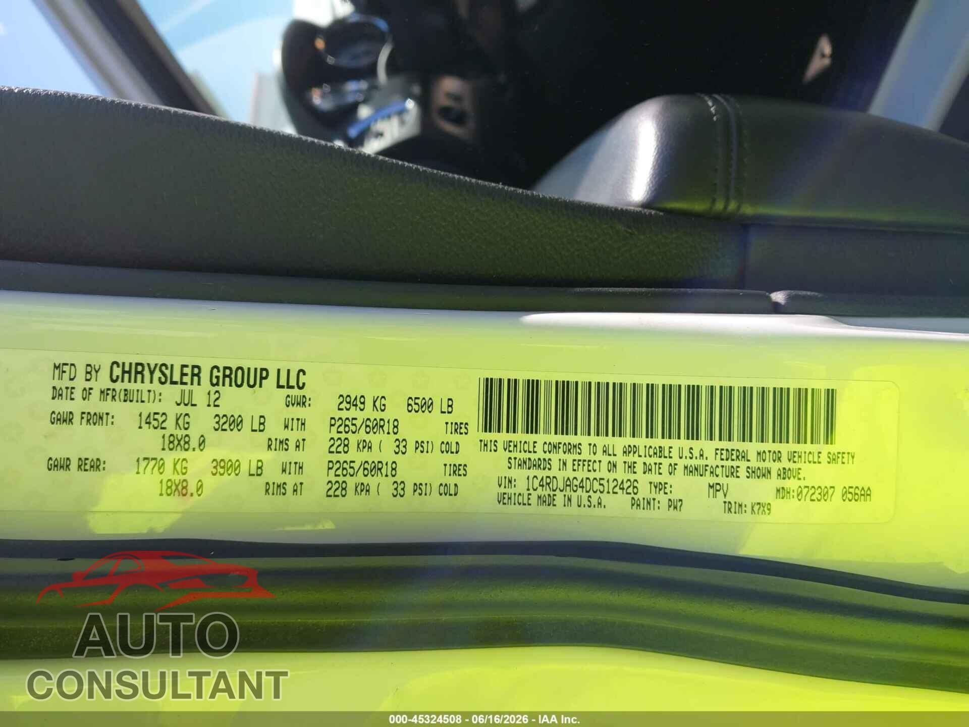 DODGE DURANGO 2013 - 1C4RDJAG4DC512426