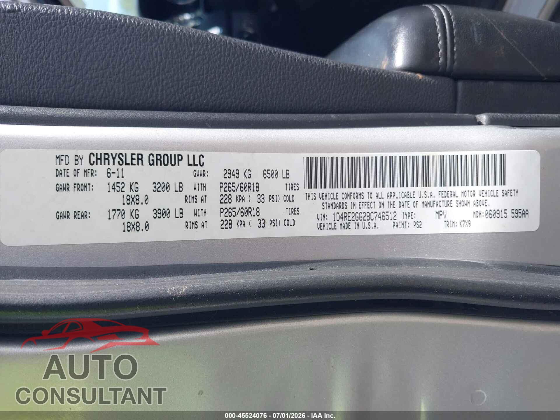DODGE DURANGO 2011 - 1D4RE2GG2BC746512