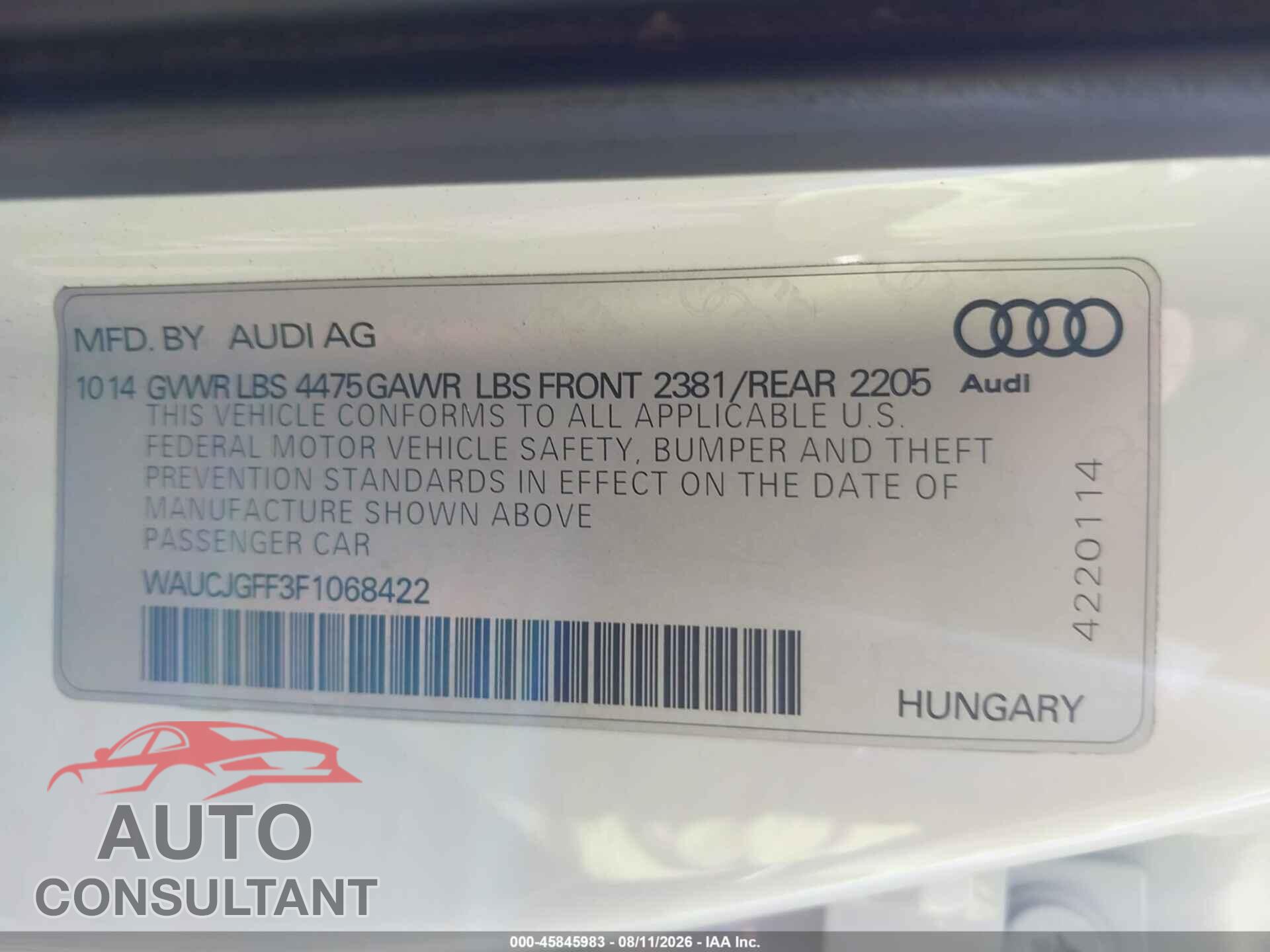AUDI A3 2015 - WAUCJGFF3F1068422