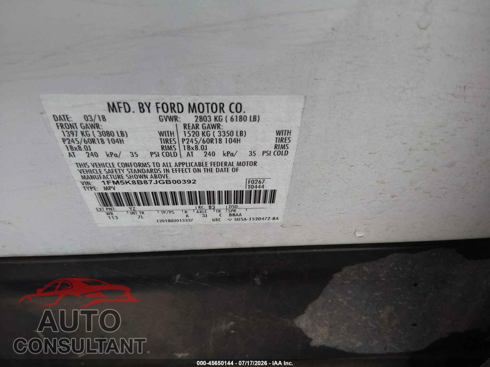 FORD EXPLORER 2018 - 1FM5K8B87JGB00392