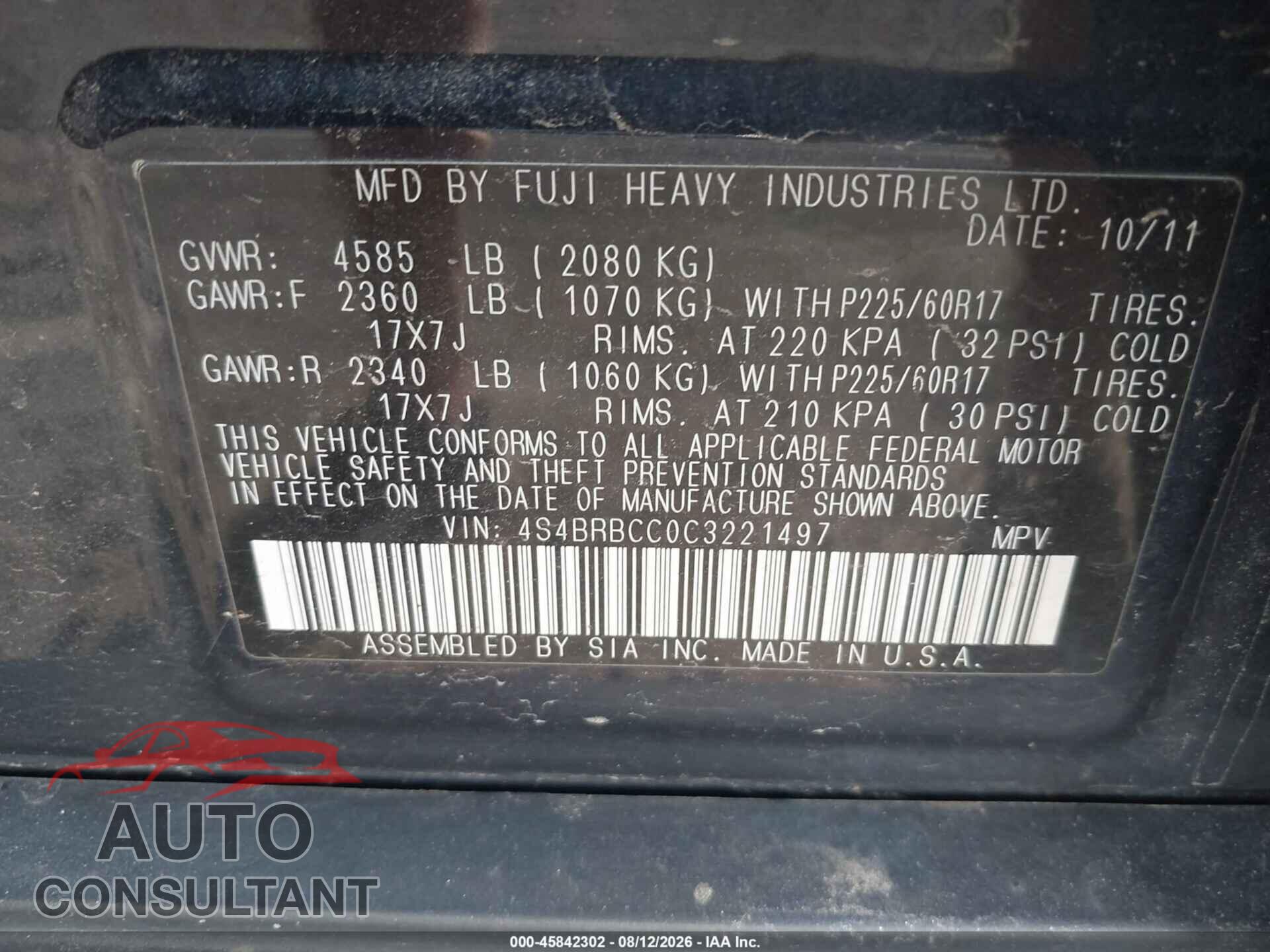 SUBARU OUTBACK 2012 - 4S4BRBCC0C3221497