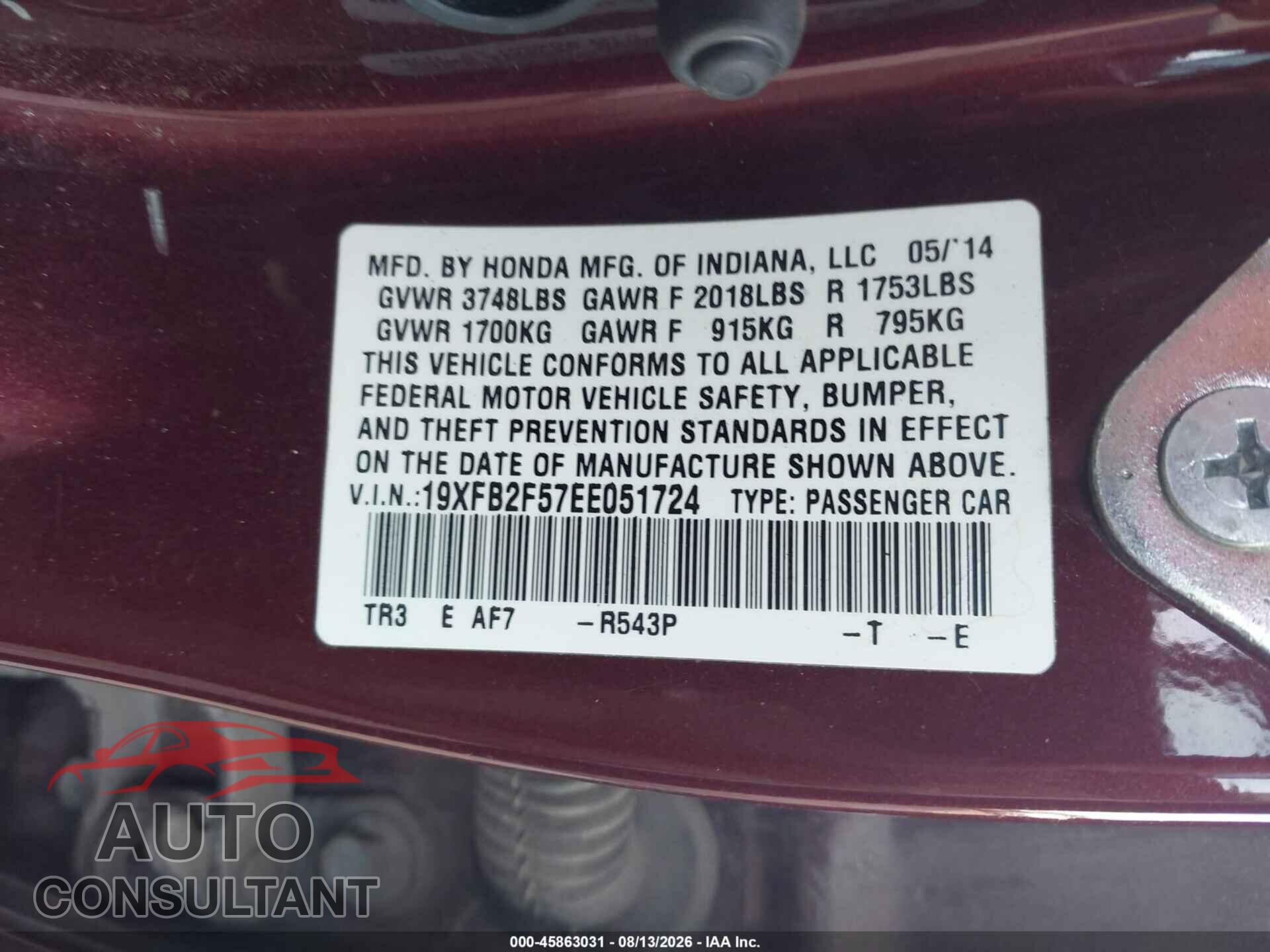HONDA CIVIC 2014 - 19XFB2F57EE051724