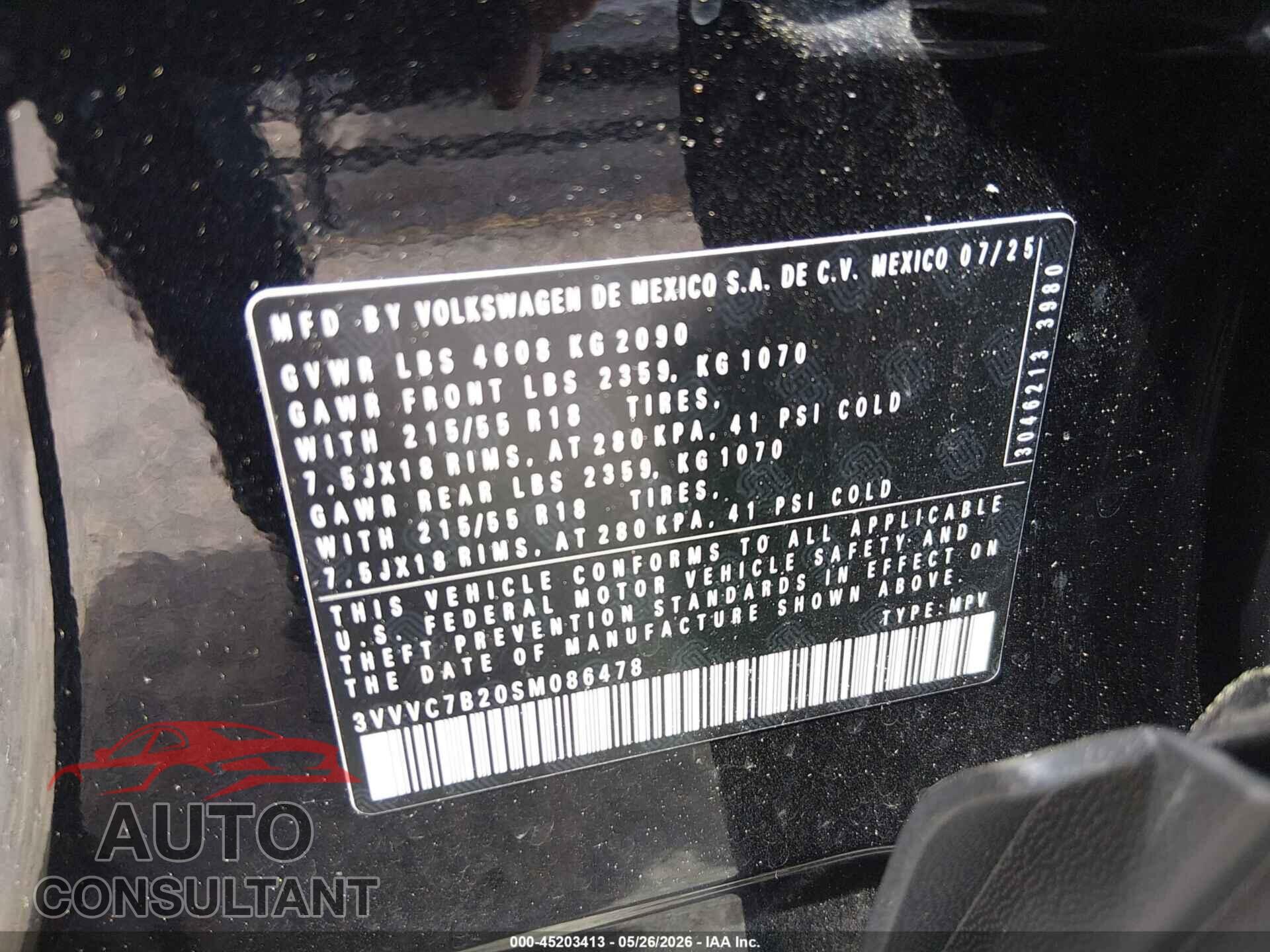 VOLKSWAGEN TAOS 2025 - 3VVVC7B20SM086478