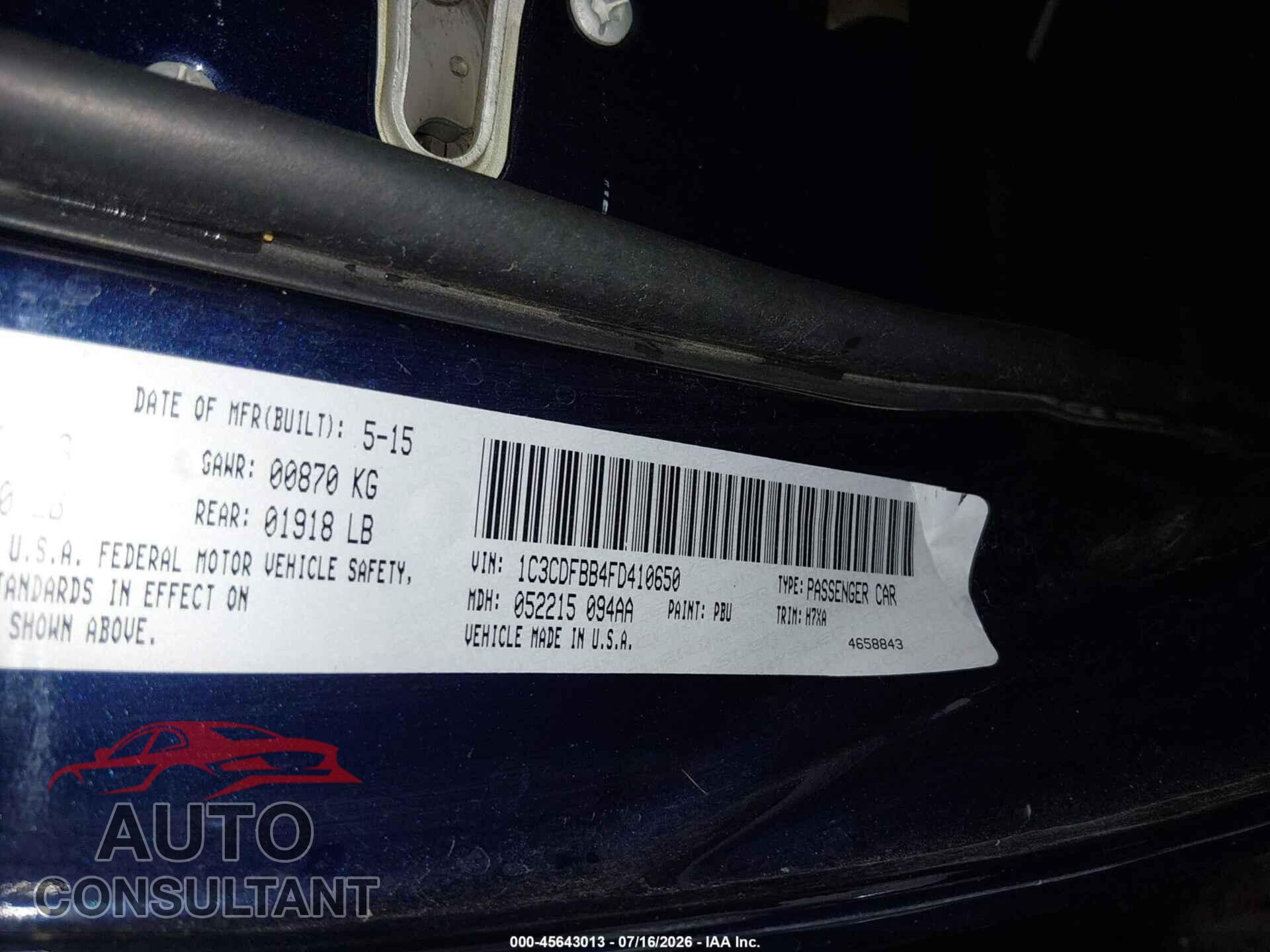 DODGE DART 2015 - 1C3CDFBB4FD410650