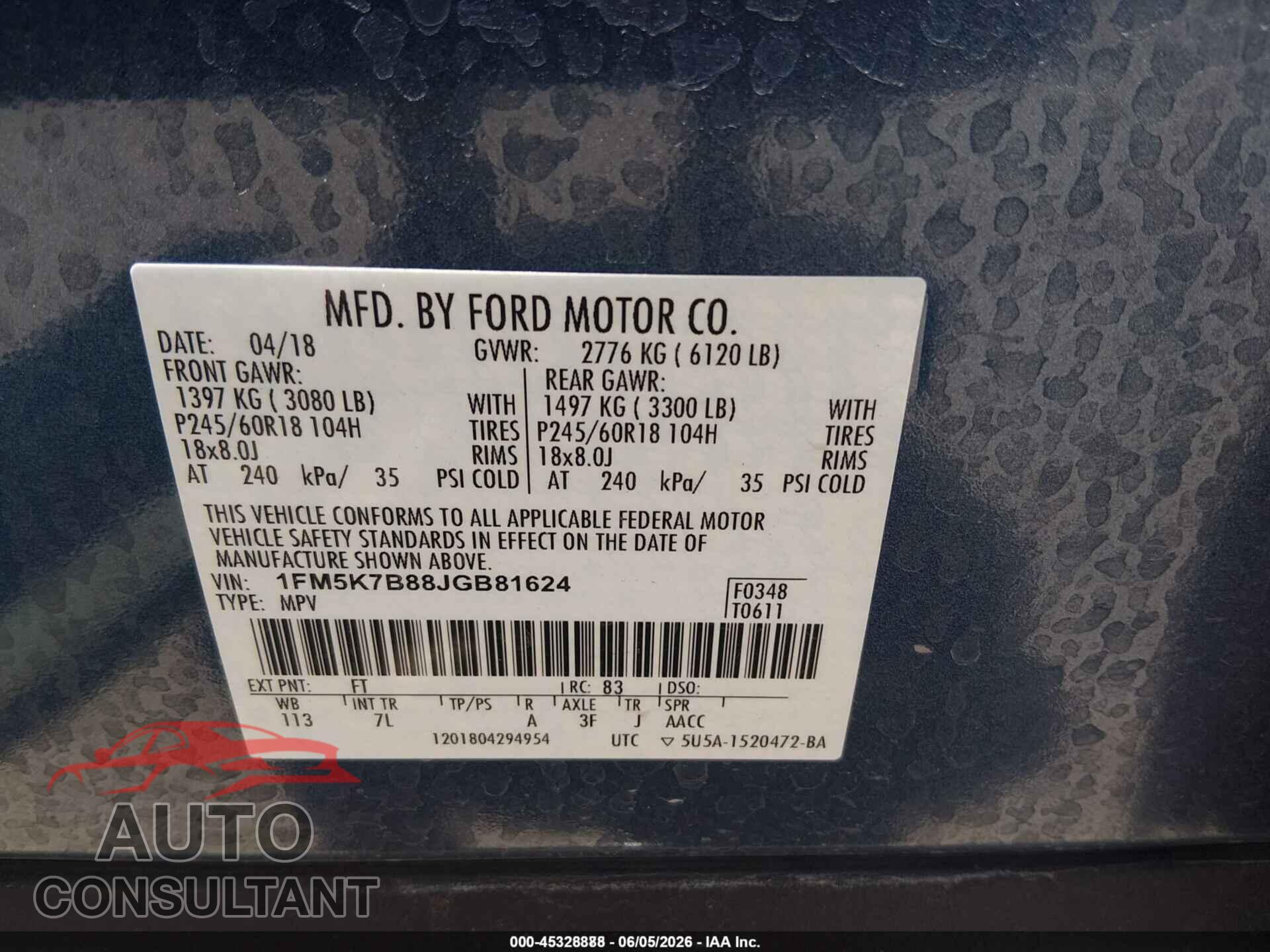 FORD EXPLORER 2018 - 1FM5K7B88JGB81624