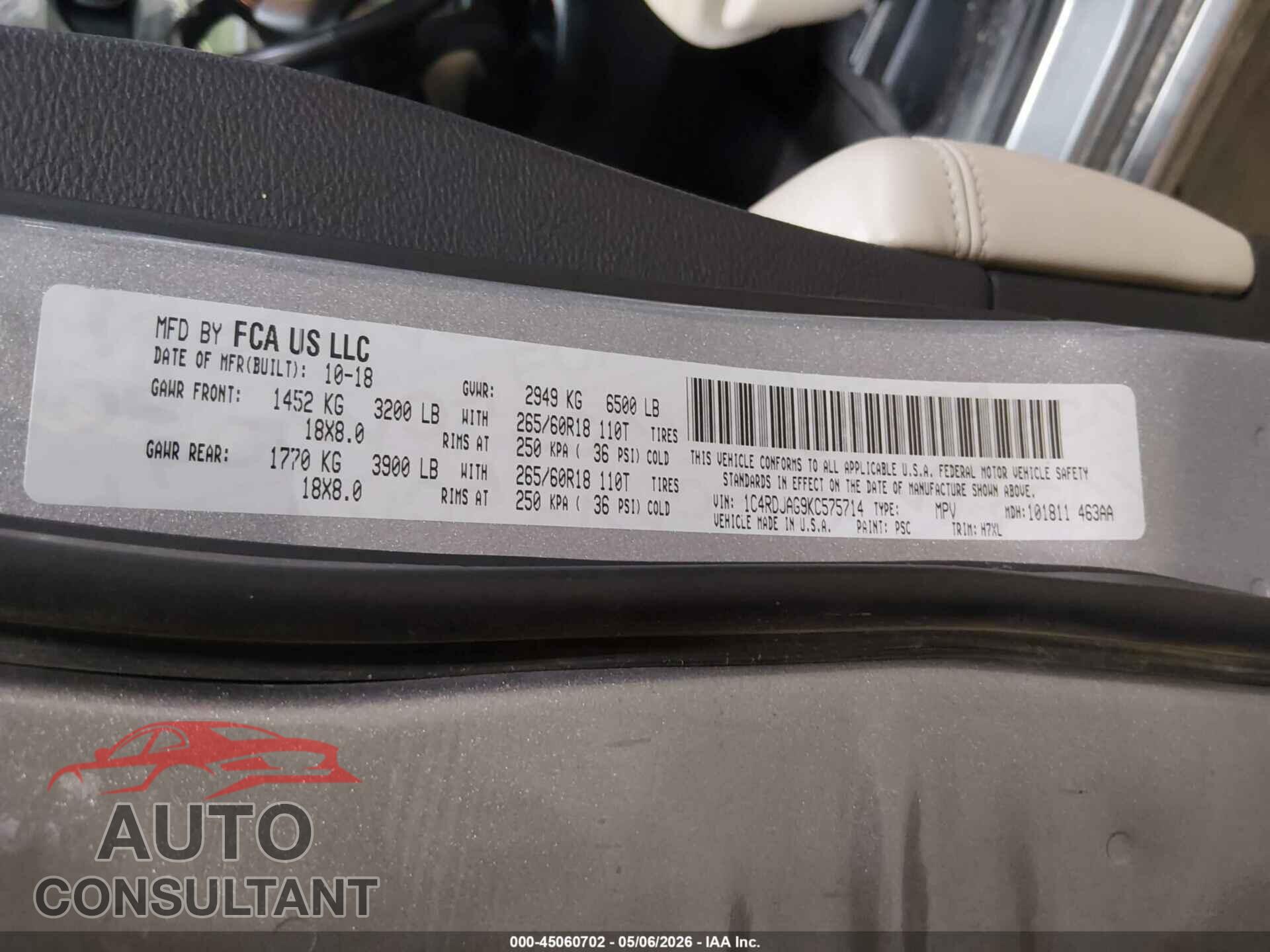 DODGE DURANGO 2019 - 1C4RDJAG9KC575714