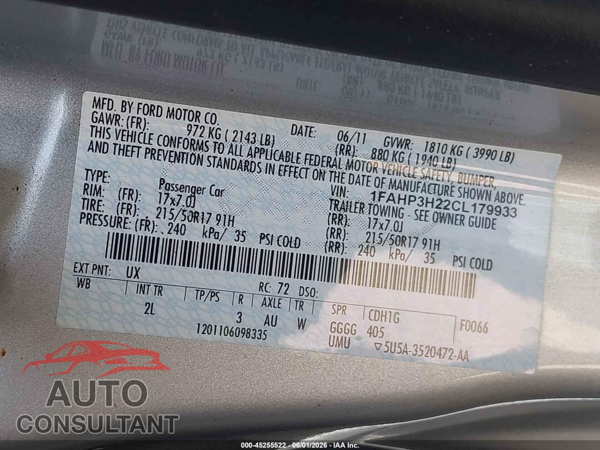 FORD FOCUS 2012 - 1FAHP3H22CL179933