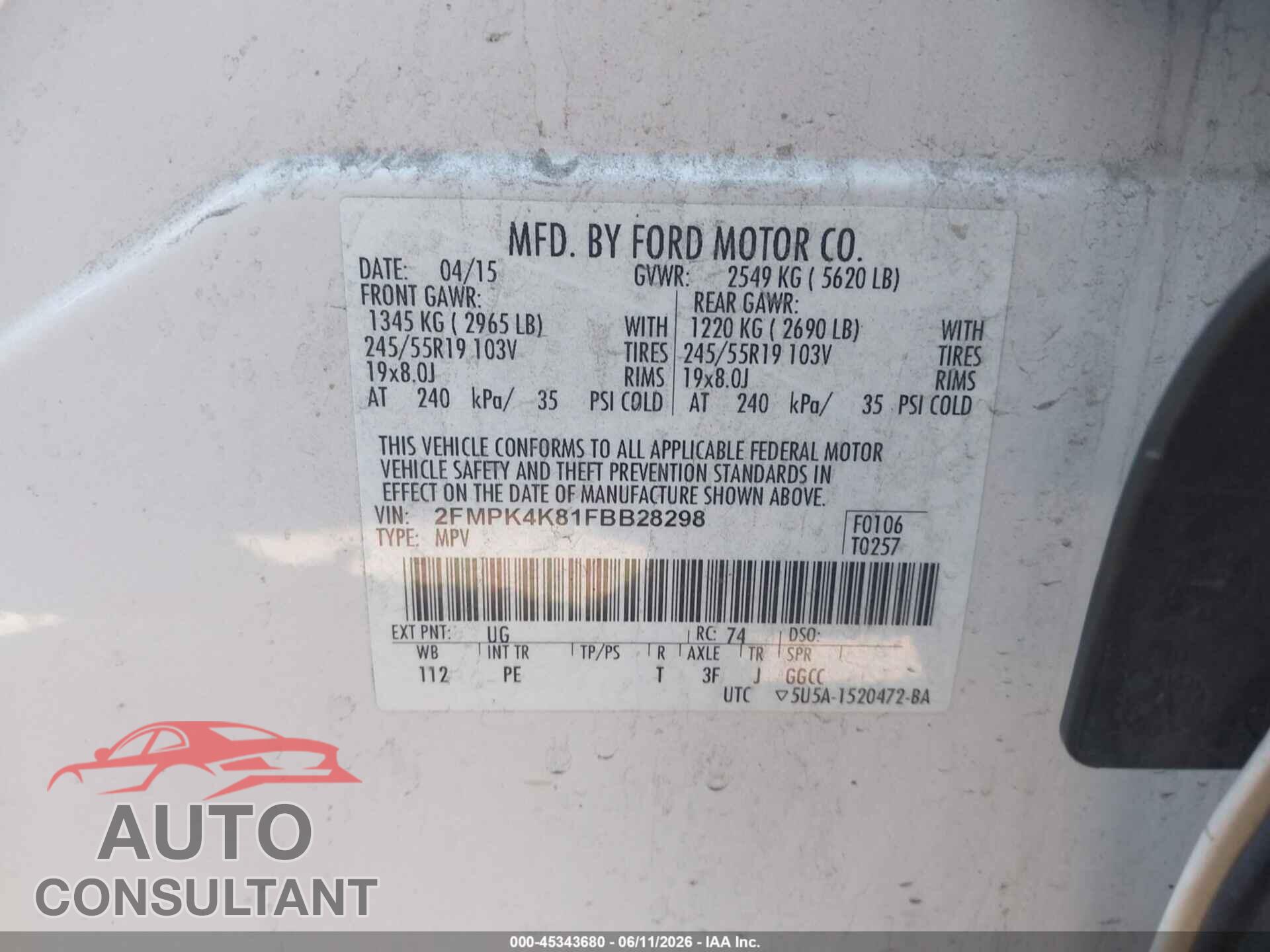 FORD EDGE 2015 - 2FMPK4K81FBB28298