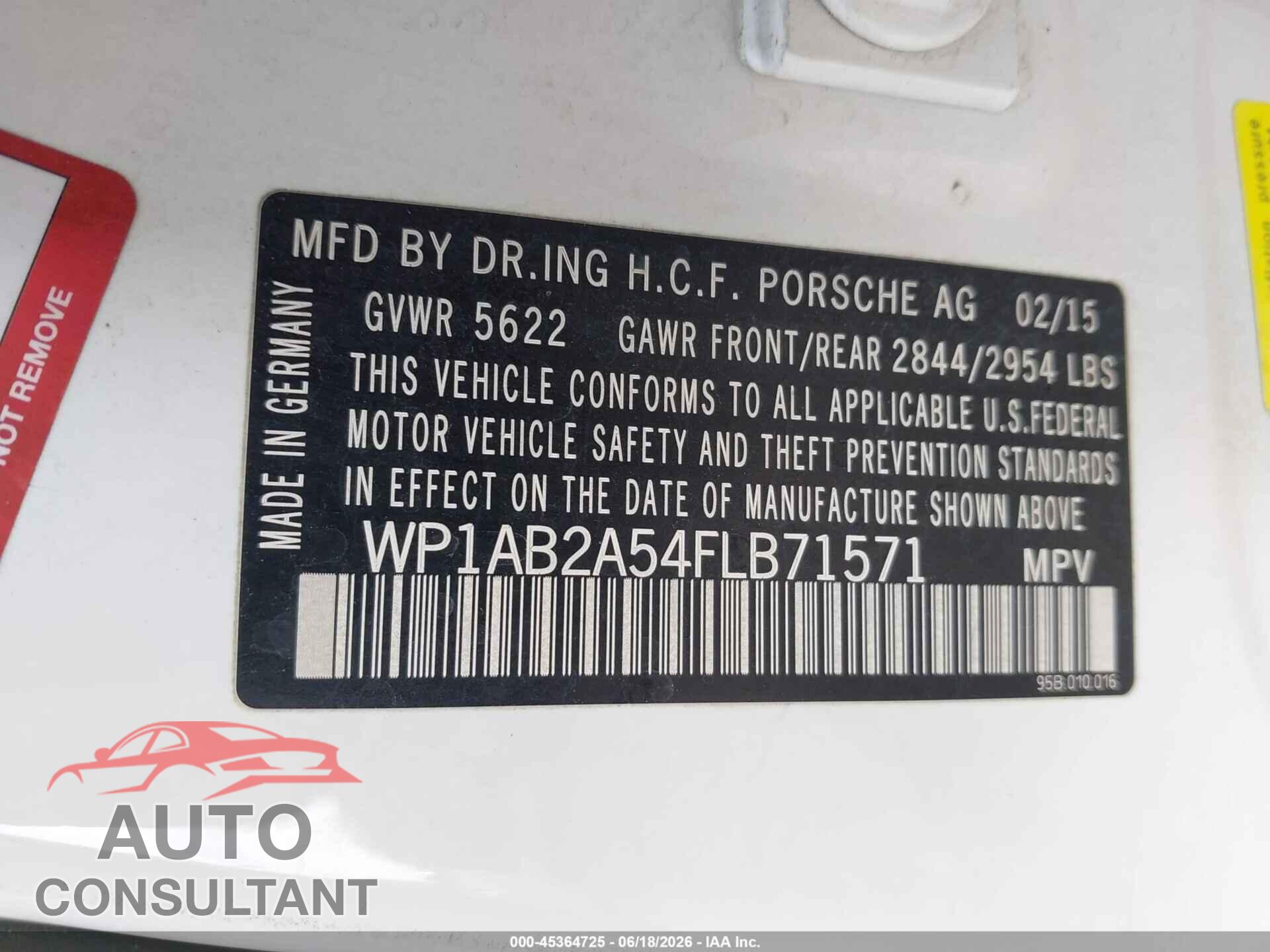 PORSCHE MACAN 2015 - WP1AB2A54FLB71571