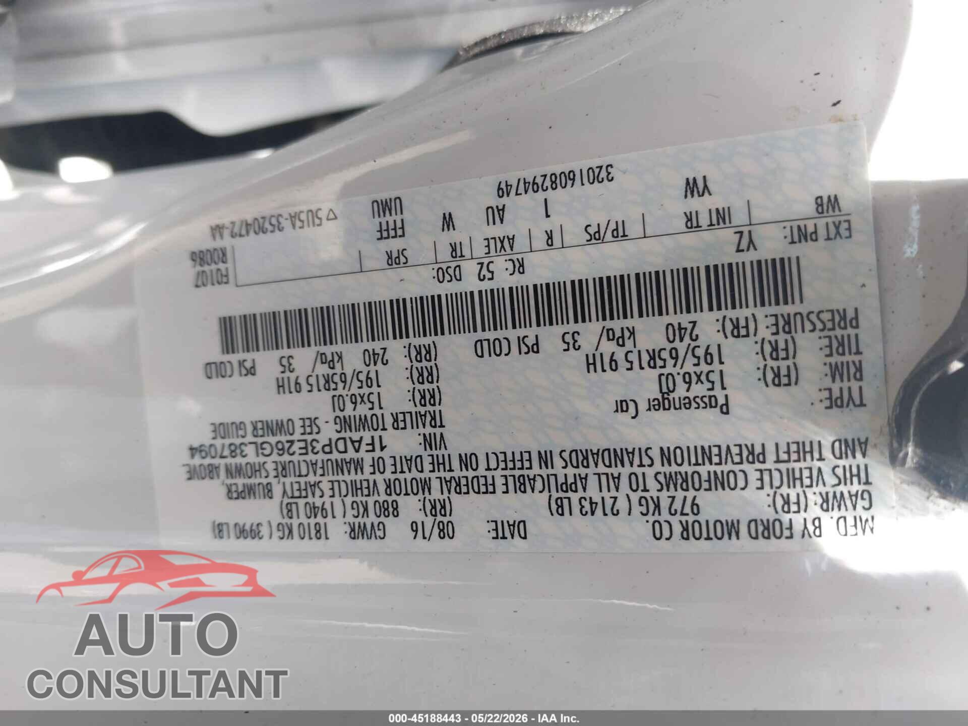 FORD FOCUS 2016 - 1FADP3E26GL387094