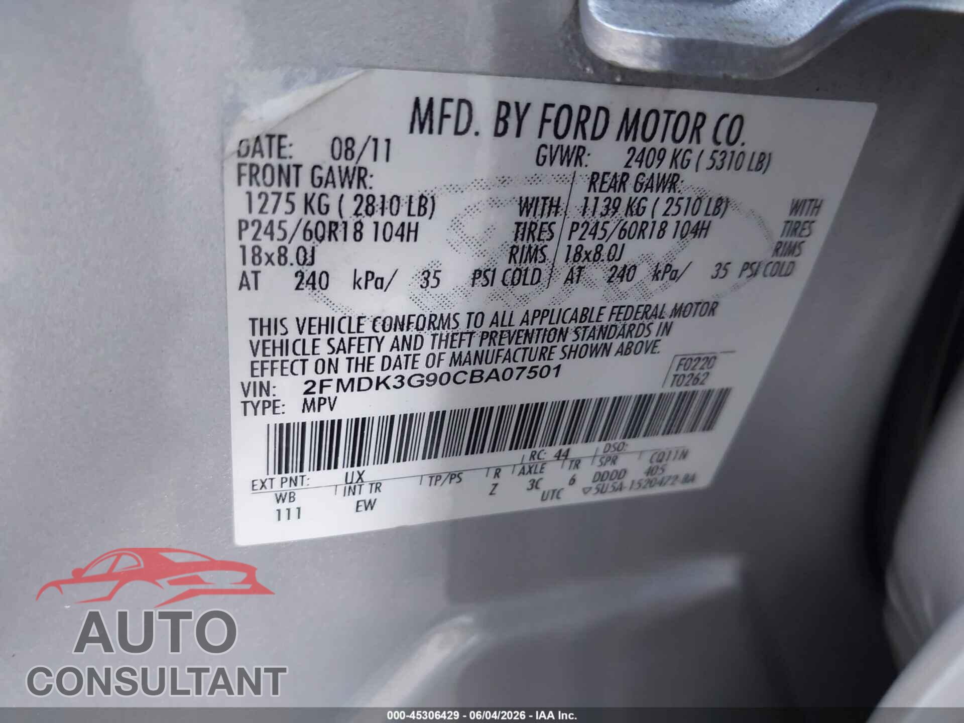 FORD EDGE 2012 - 2FMDK3G90CBA07501