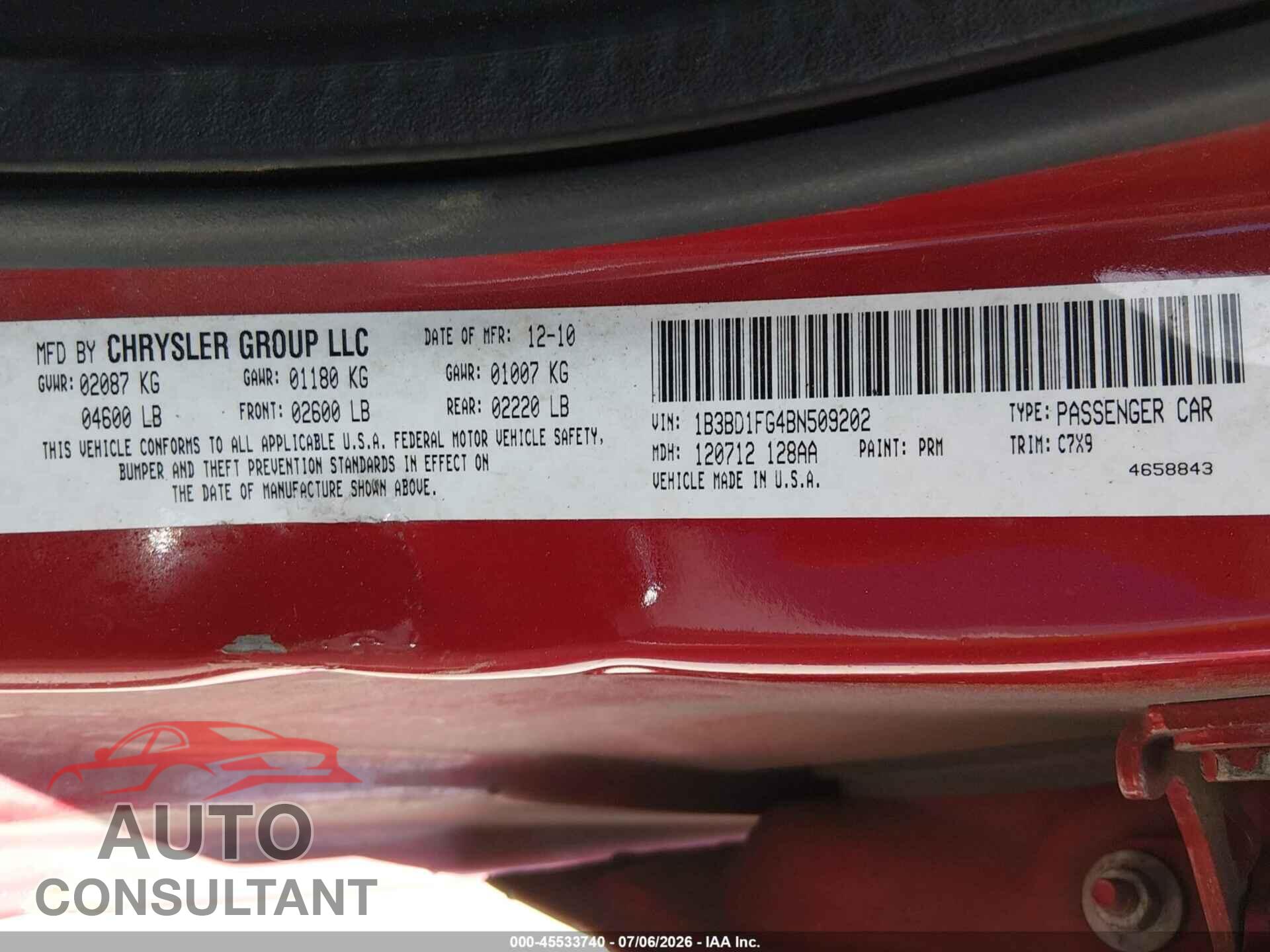 DODGE AVENGER 2011 - 1B3BD1FG4BN509202