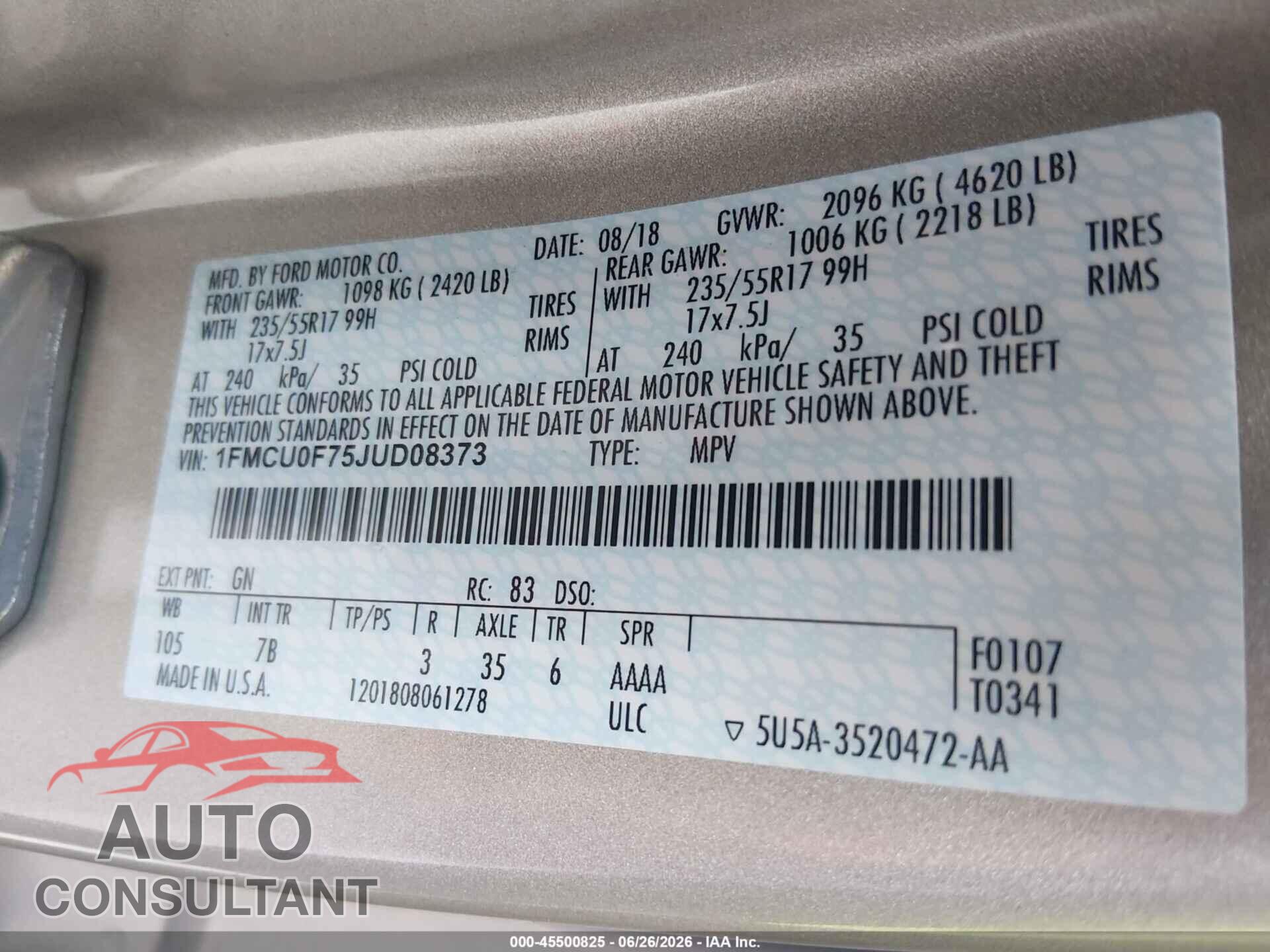 FORD ESCAPE 2018 - 1FMCU0F75JUD08373