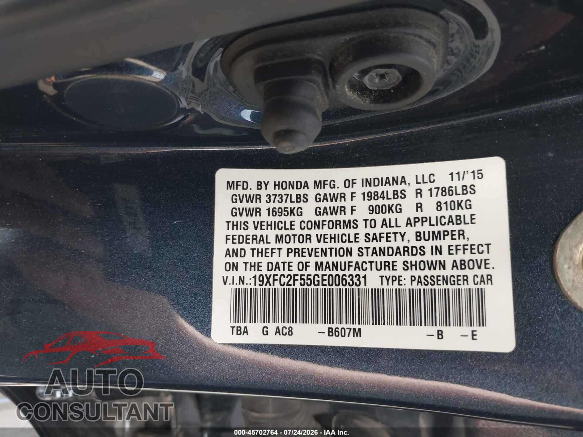 HONDA CIVIC 2016 - 19XFC2F55GE006331