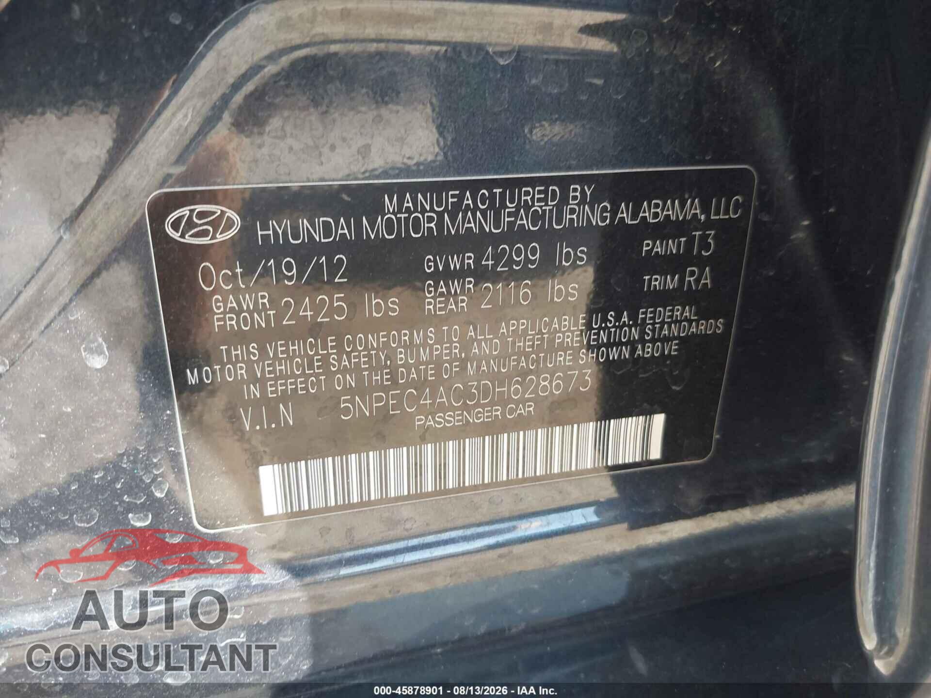 HYUNDAI SONATA 2013 - 5NPEC4AC3DH628673