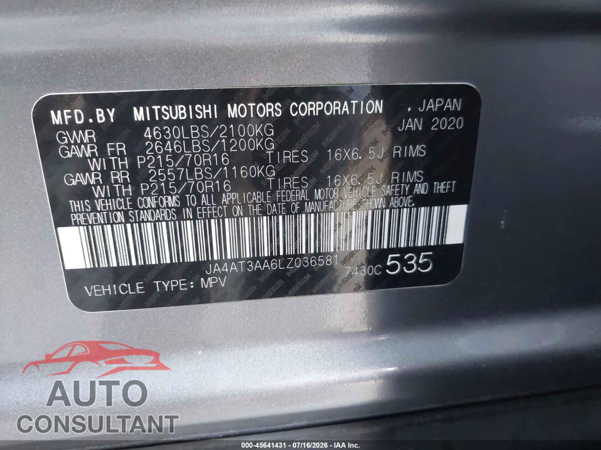 MITSUBISHI ECLIPSE CROSS 2020 - JA4AT3AA6LZ036581