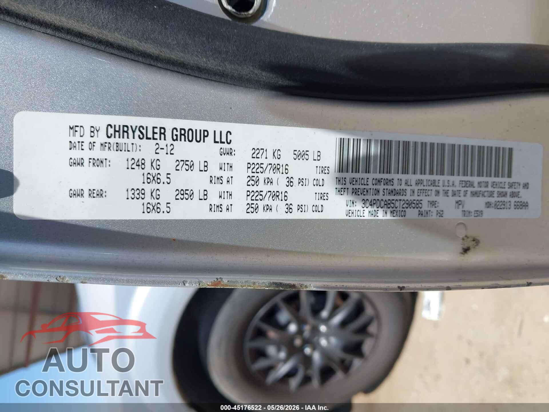 DODGE JOURNEY 2012 - 3C4PDCAB5CT290585