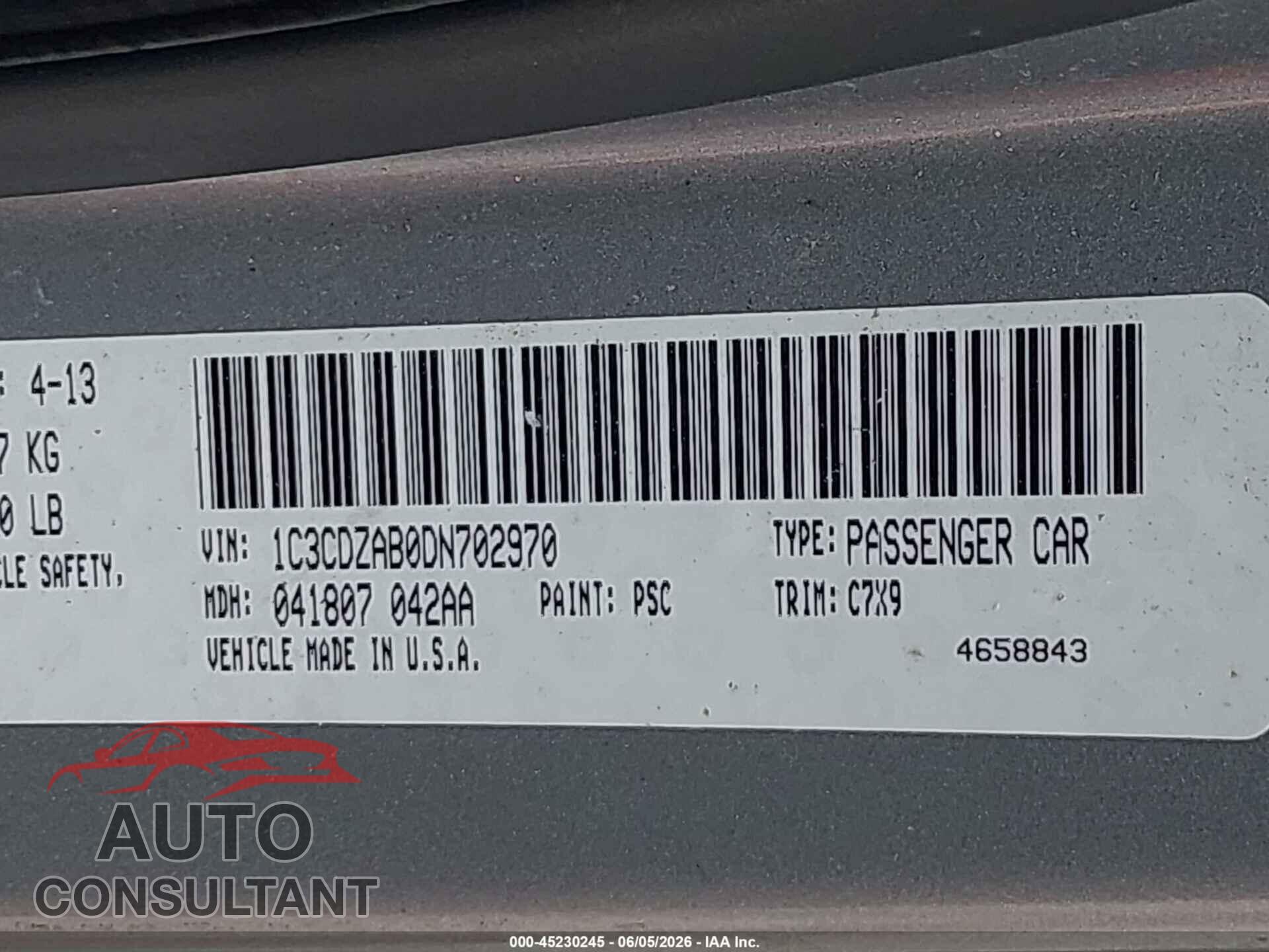 DODGE AVENGER 2013 - 1C3CDZAB0DN702970