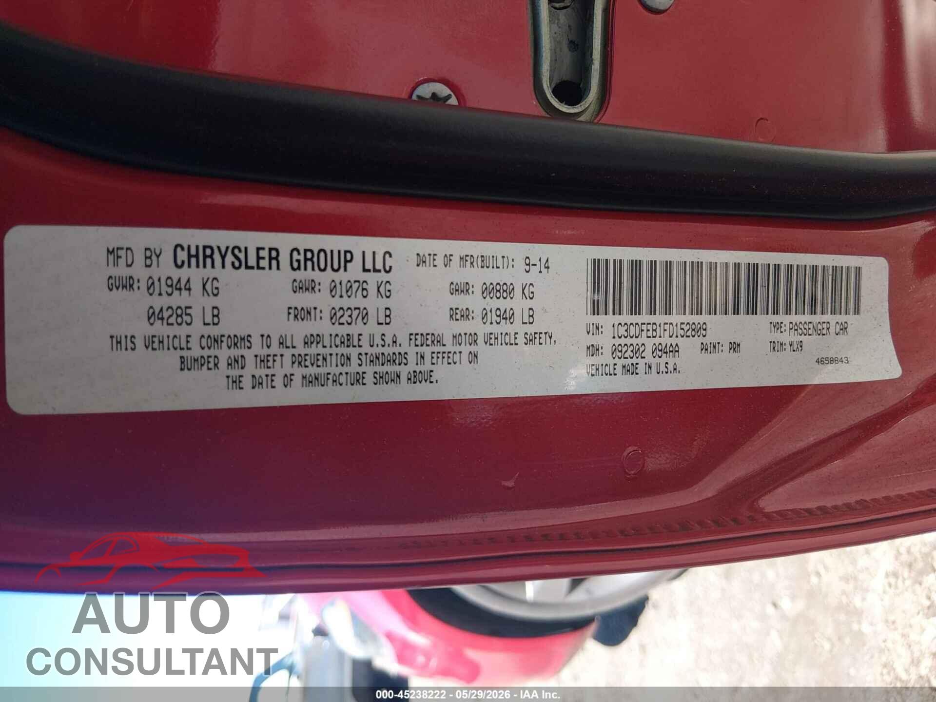 DODGE DART 2015 - 1C3CDFEB1FD152809