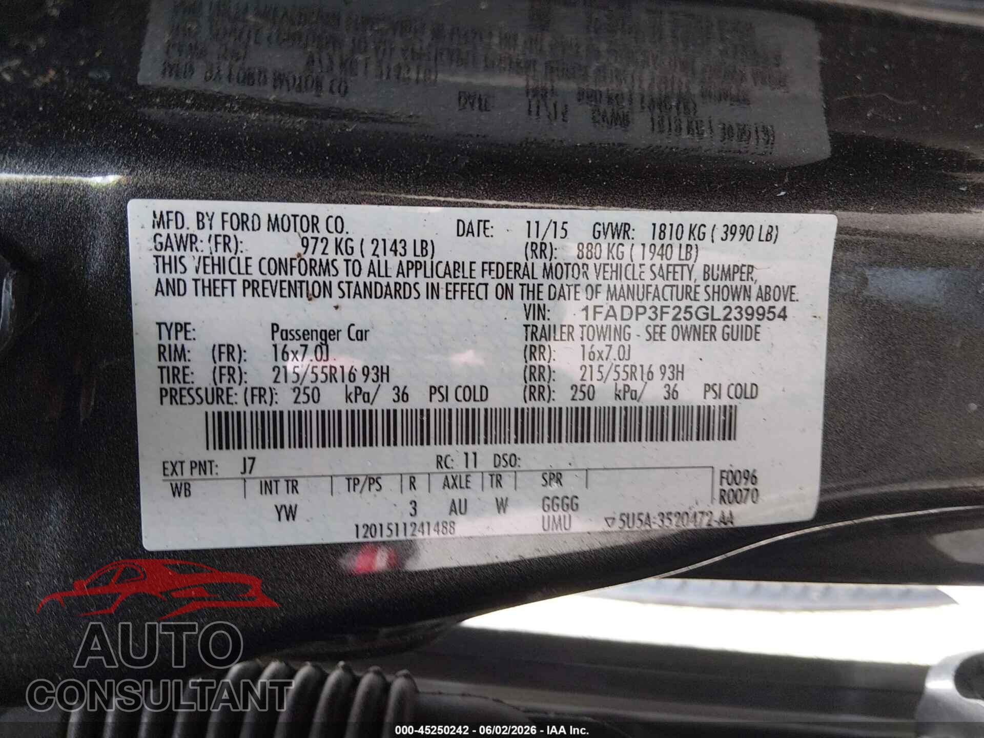 FORD FOCUS 2016 - 1FADP3F25GL239954